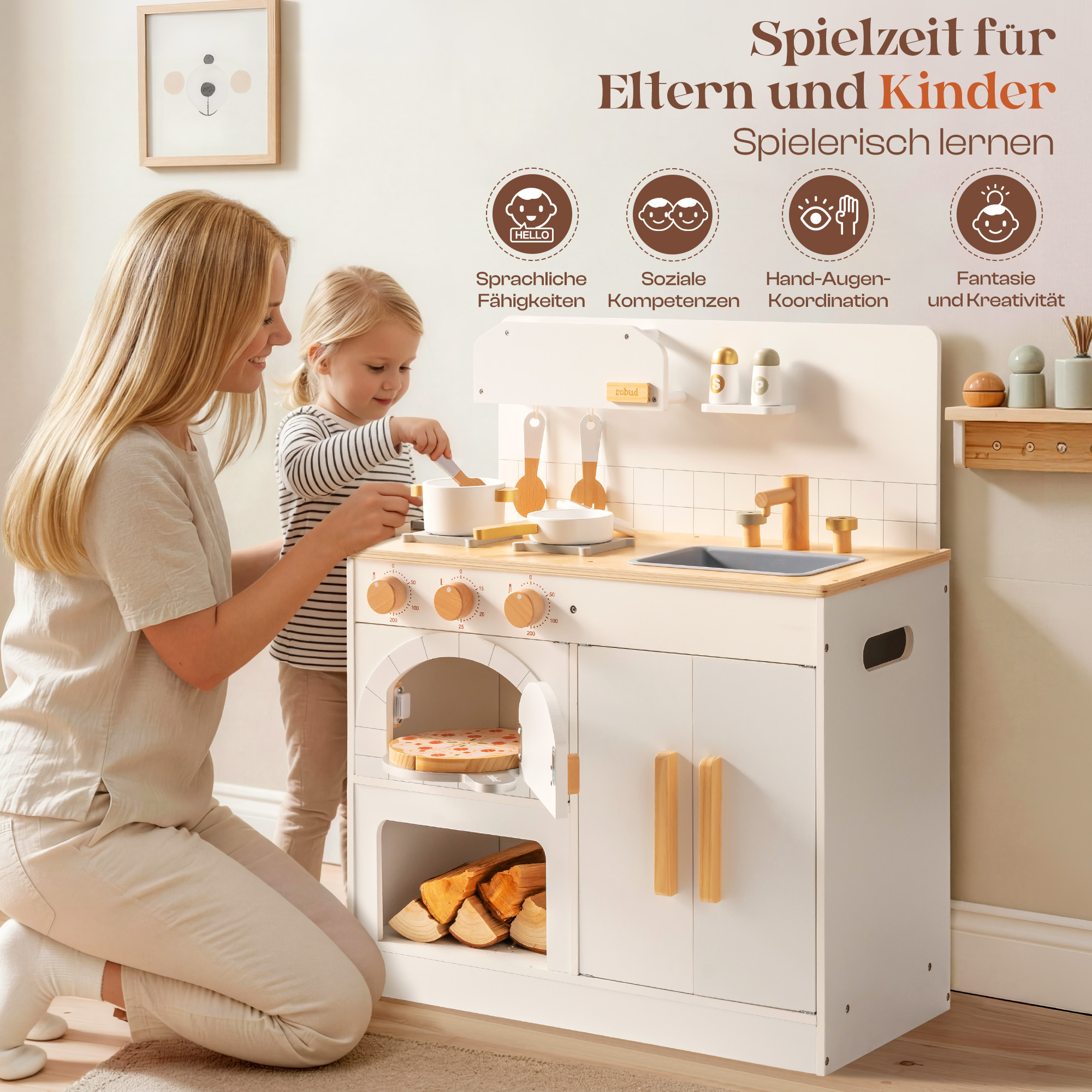 Vorverkauf - ROBUD Spielküche aus Holz für Kinder mit Pizzaofen