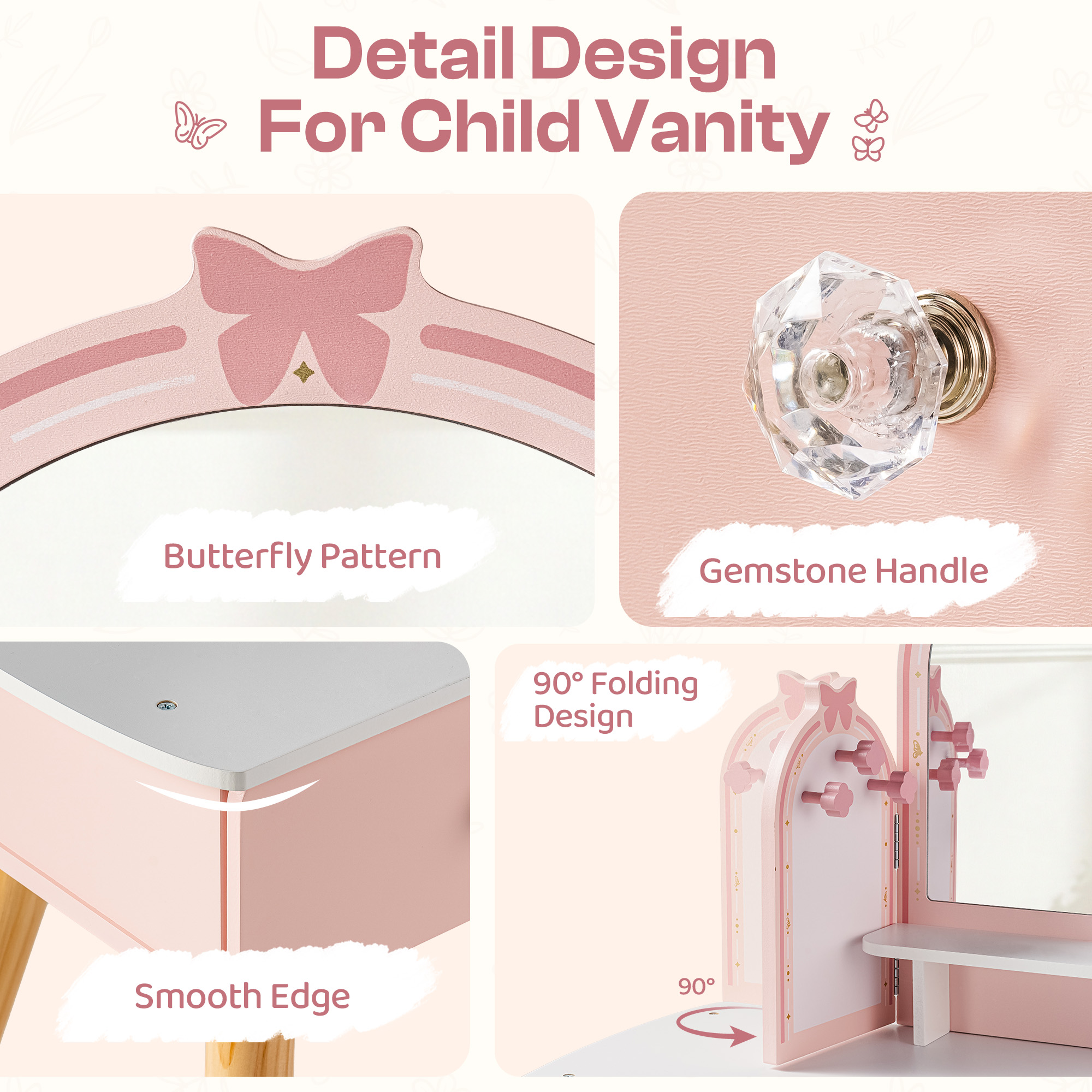 ROBUD Kids Vanity Table and Chair Set - Pink