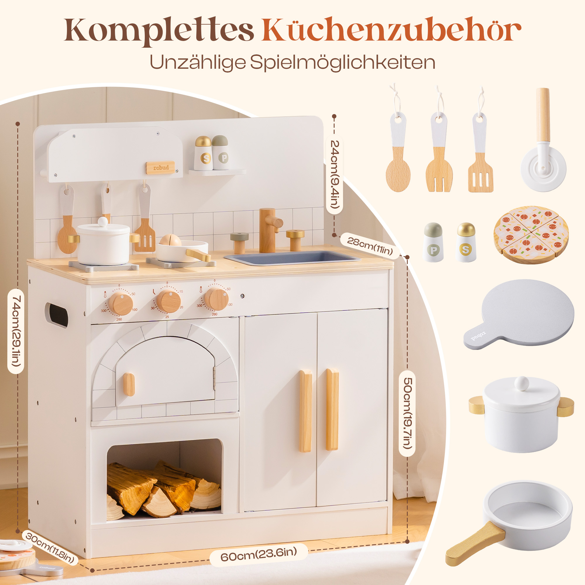 Vorverkauf - ROBUD Spielküche aus Holz für Kinder mit Pizzaofen