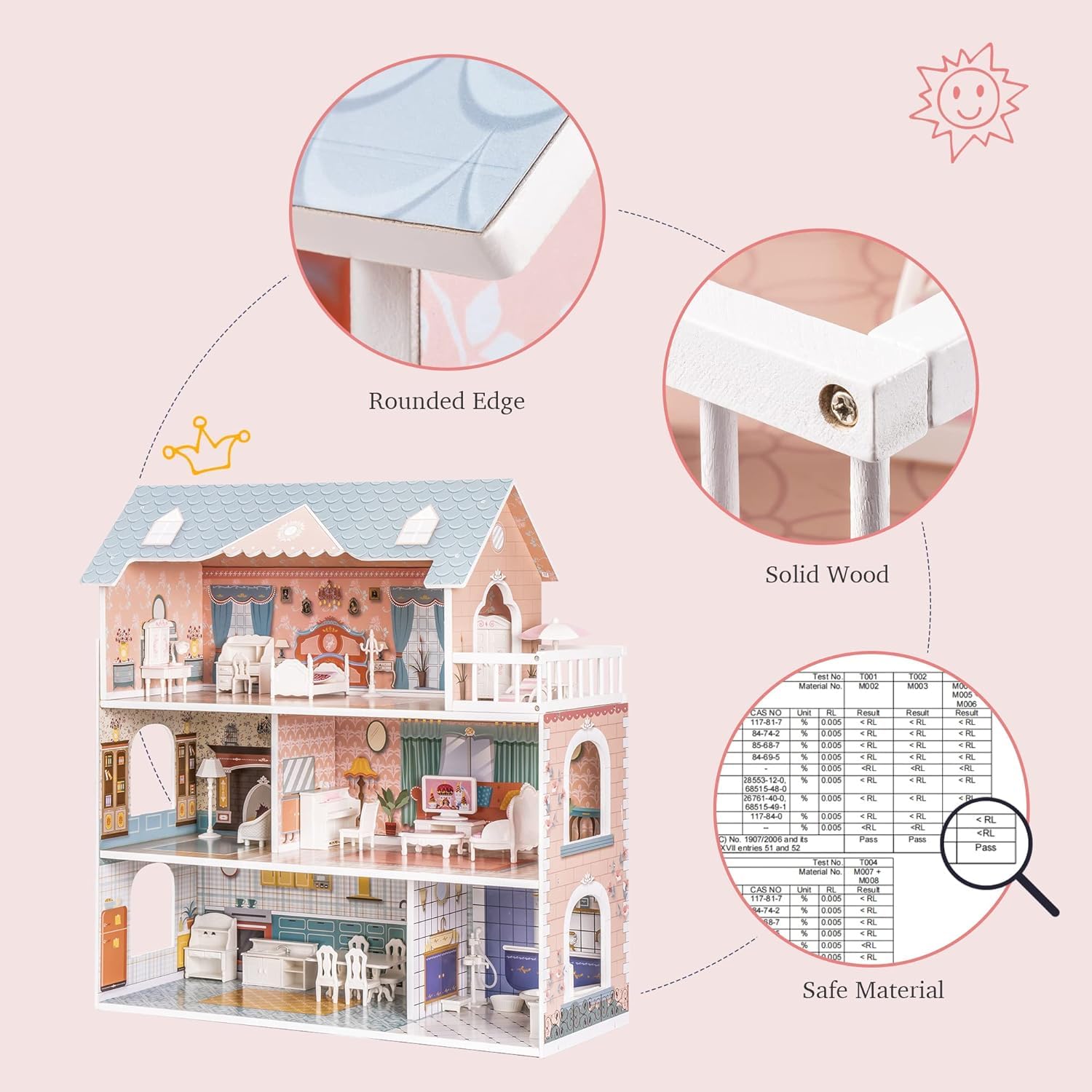 ROBUD Wooden Dollhouse for Kids Girls with Furniture