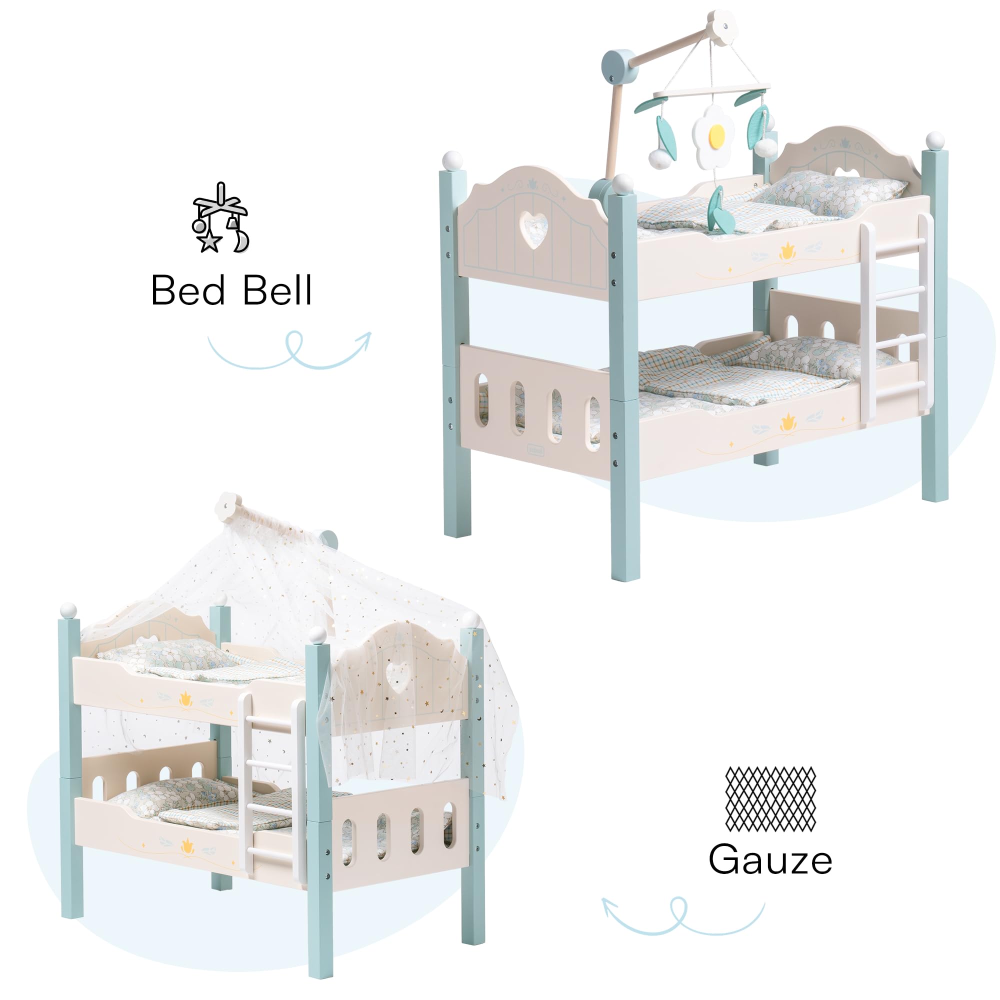 ROBUD Wooden Baby Doll Bed with Ladder and Bedding
