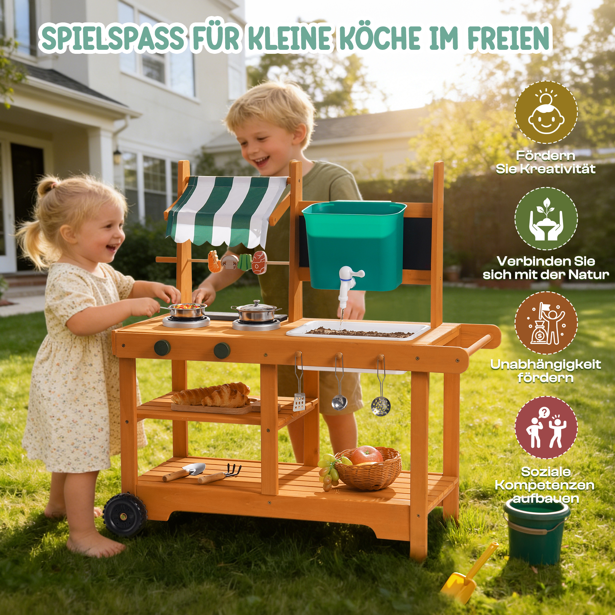 ROBUD Schlammküche für Kinder im Freien mit Sonnendach und Rädern