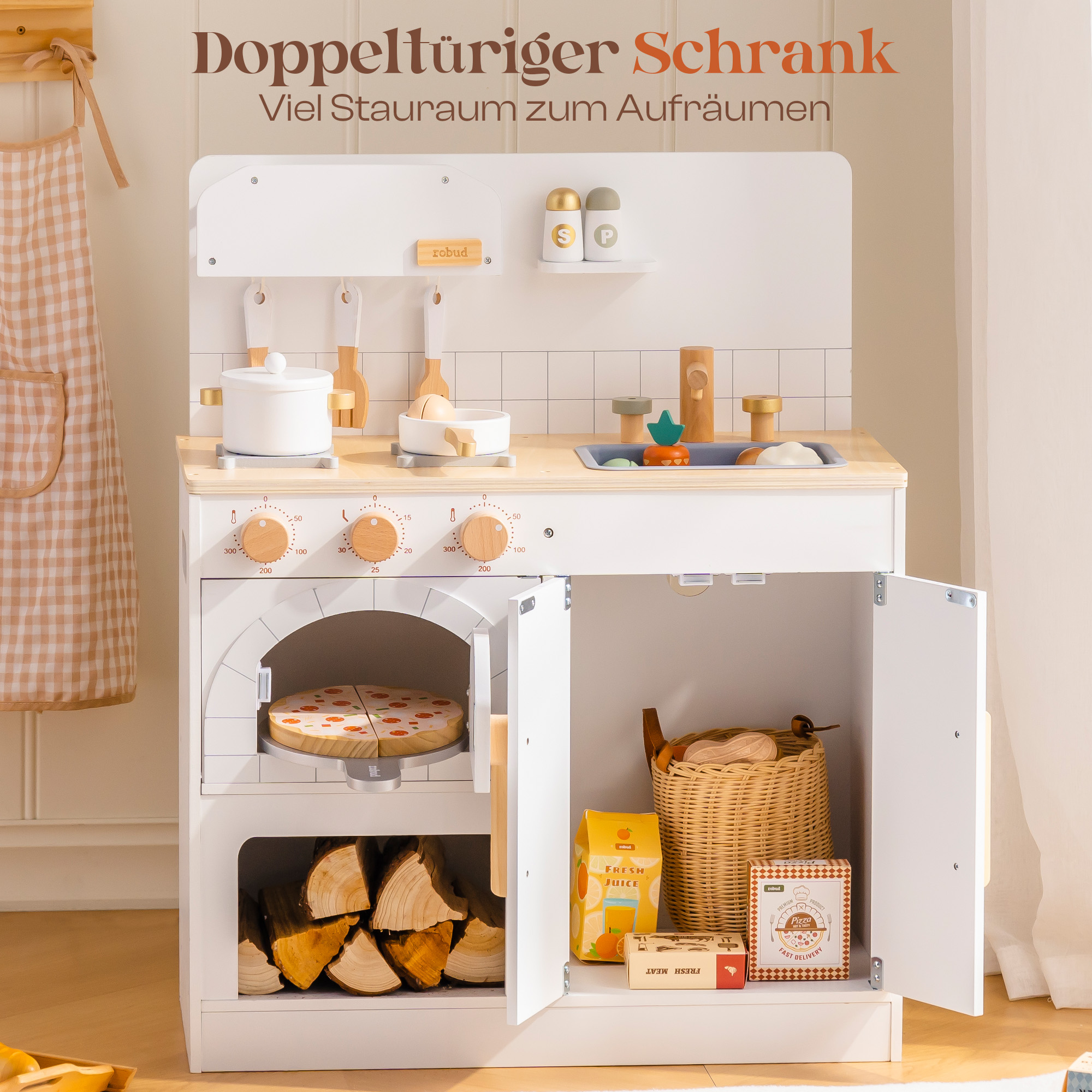 Vorverkauf - ROBUD Spielküche aus Holz für Kinder mit Pizzaofen