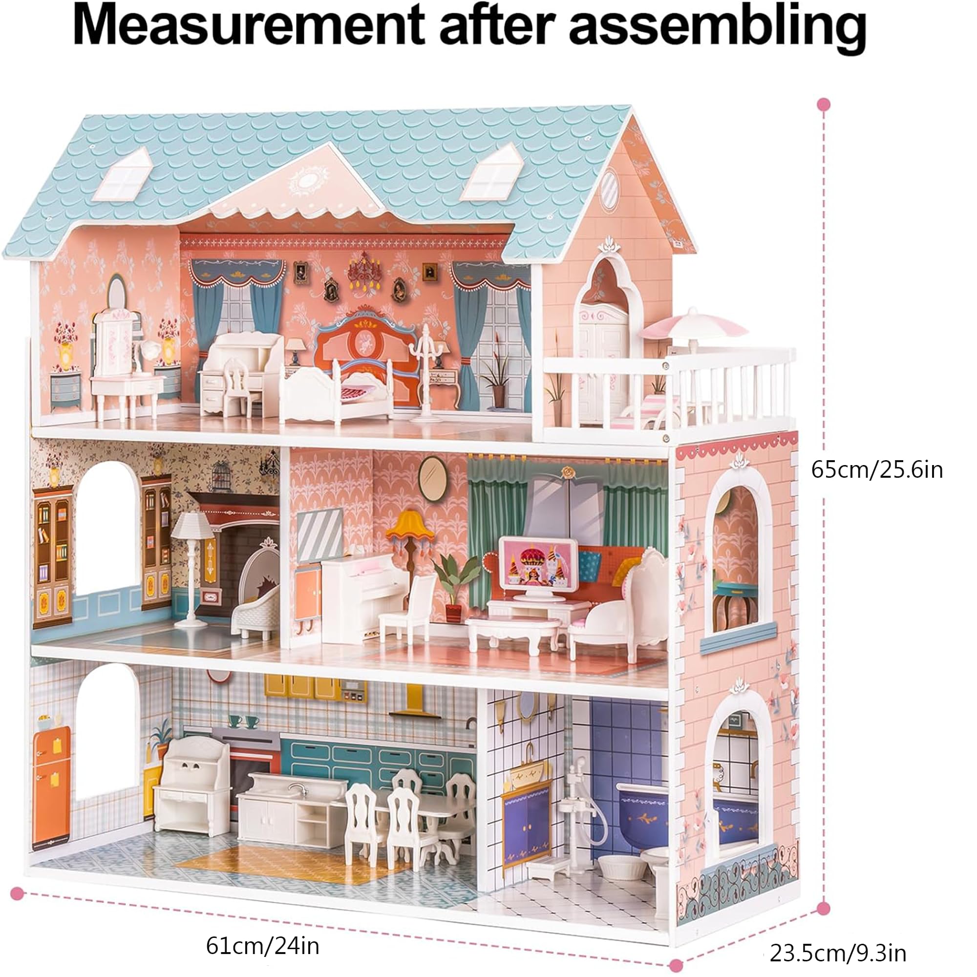 ROBUD Wooden Dollhouse for Kids Girls with Furniture