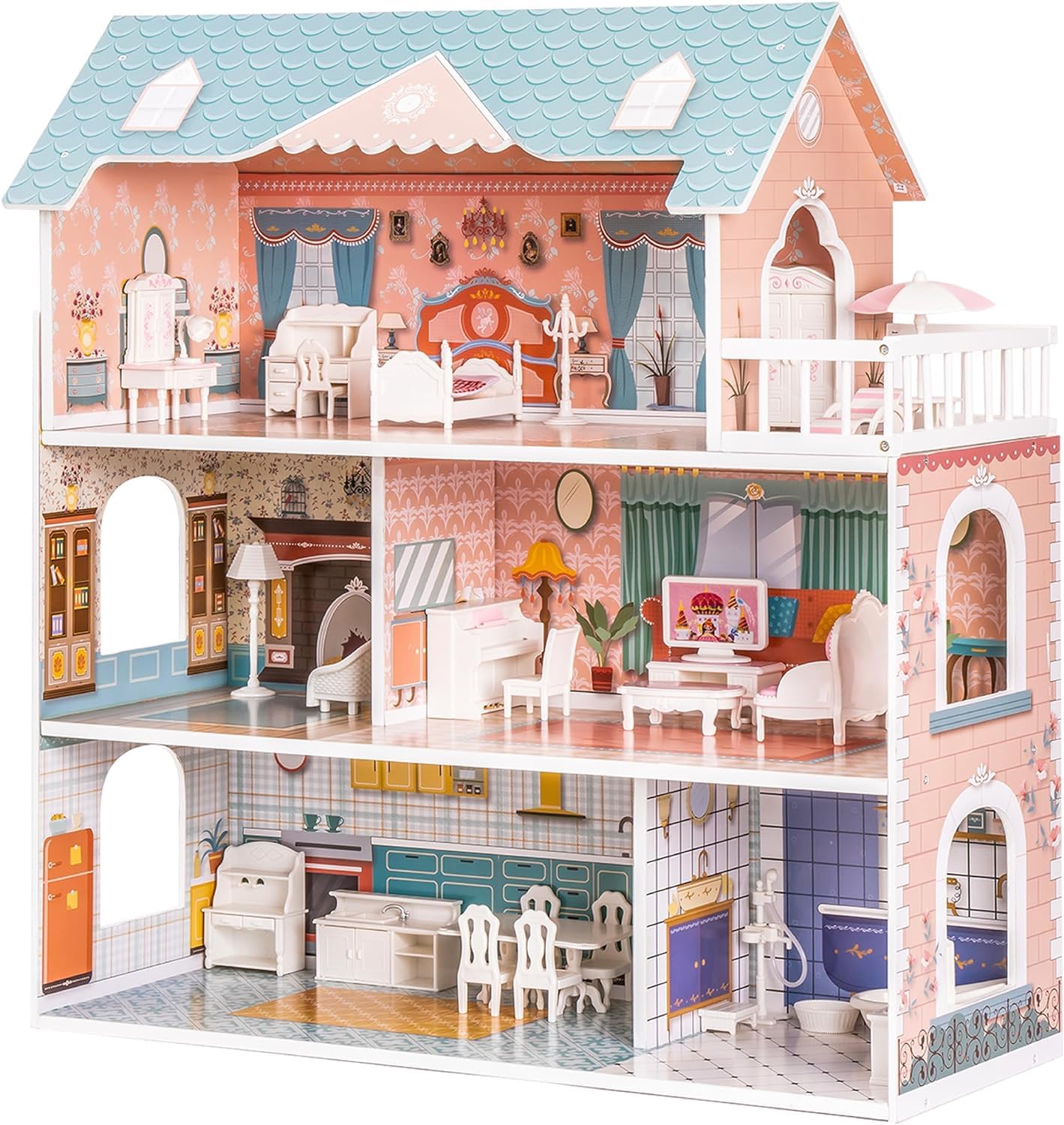ROBUD Holzpuppenhaus für Mädchen mit Möbeln