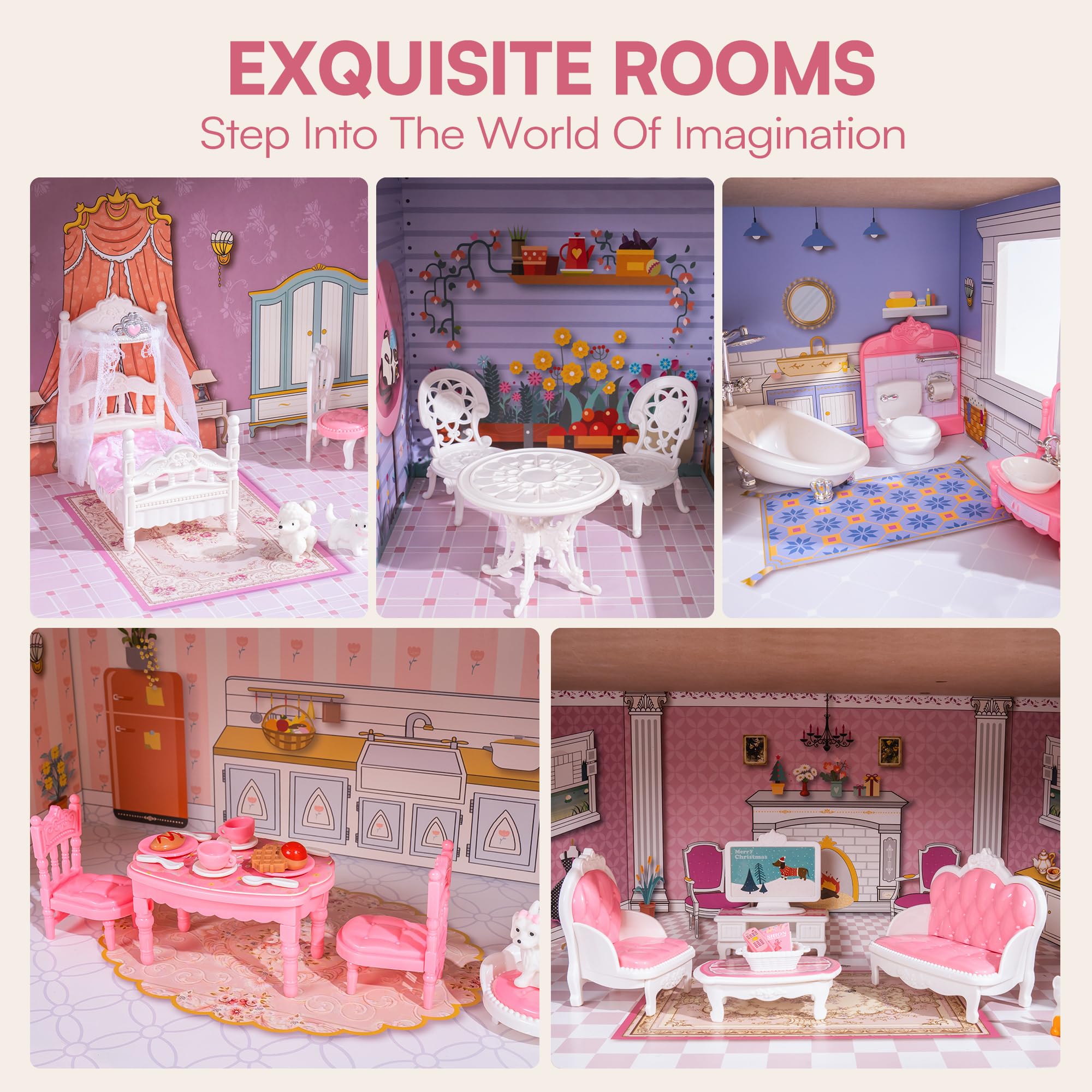 ROBUD Wooden Dollhouse for Kids with 24pcs Furniture Preschool