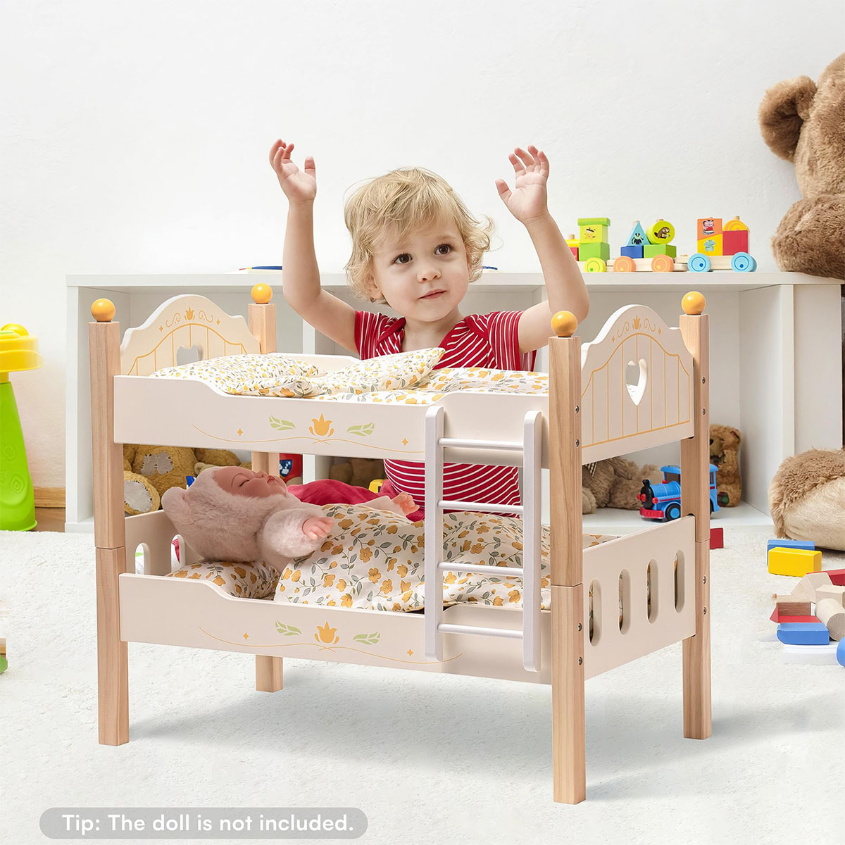 ROBUD Wooden Baby Doll Bed with Ladder and Bedding