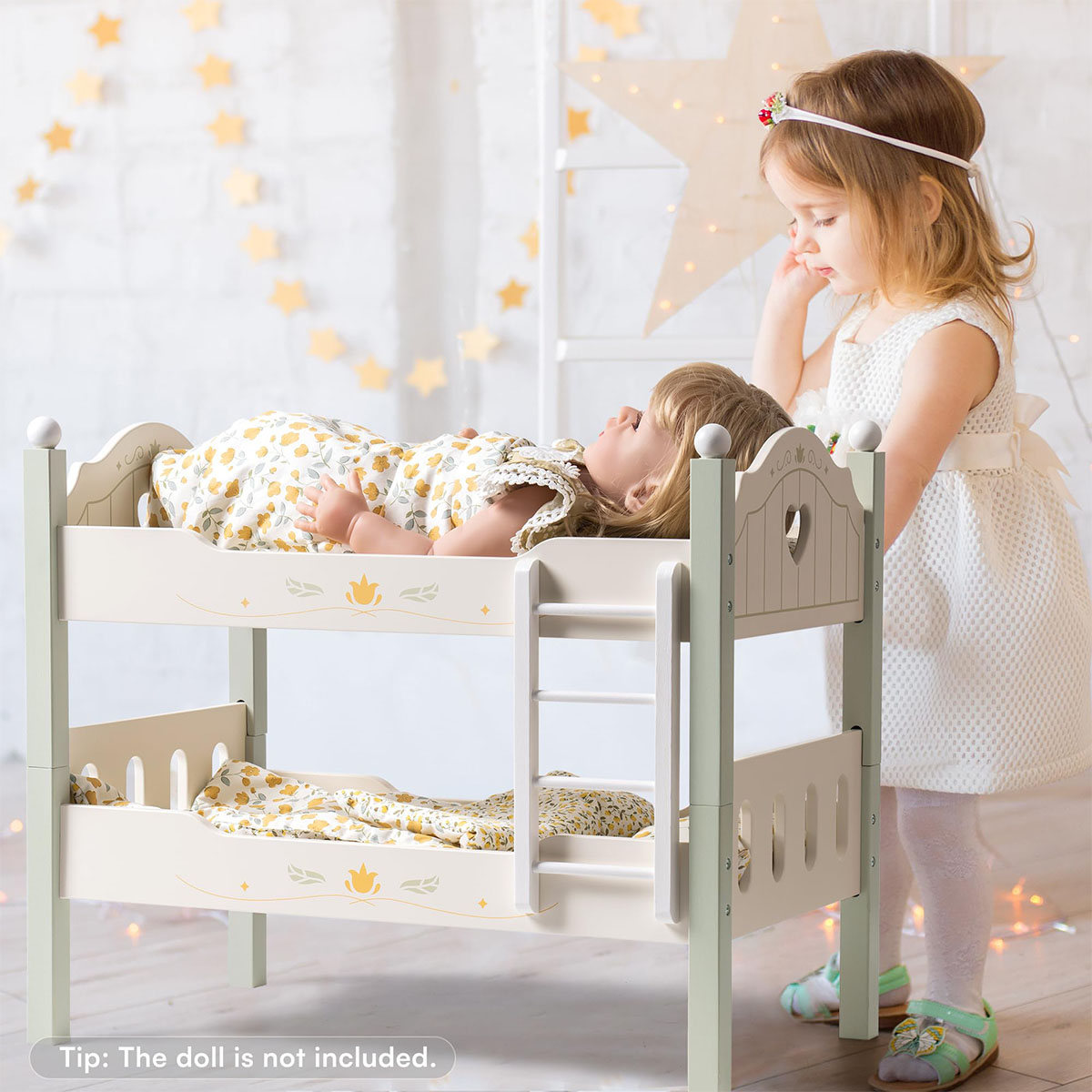 ROBUD Wooden Baby Doll Bed with Ladder and Bedding
