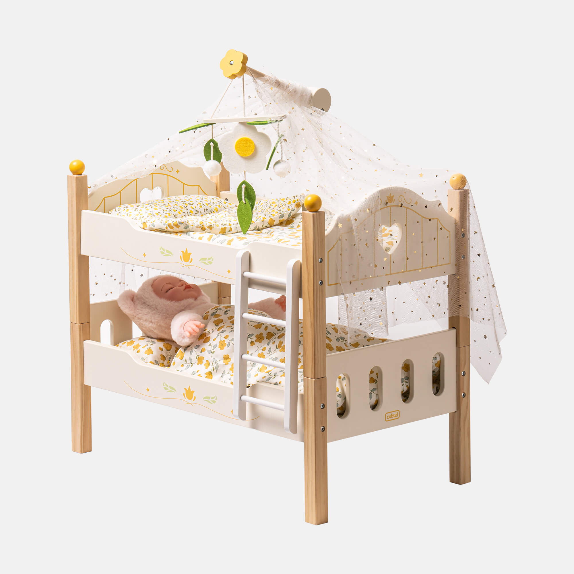 ROBUD Wooden Baby Doll Bed with Ladder and Bedding