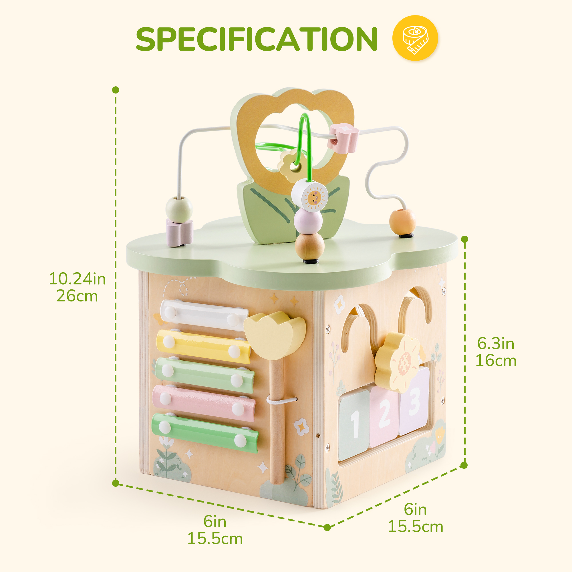 ROBUD Wooden Activity Cube - Flower Bush Theme