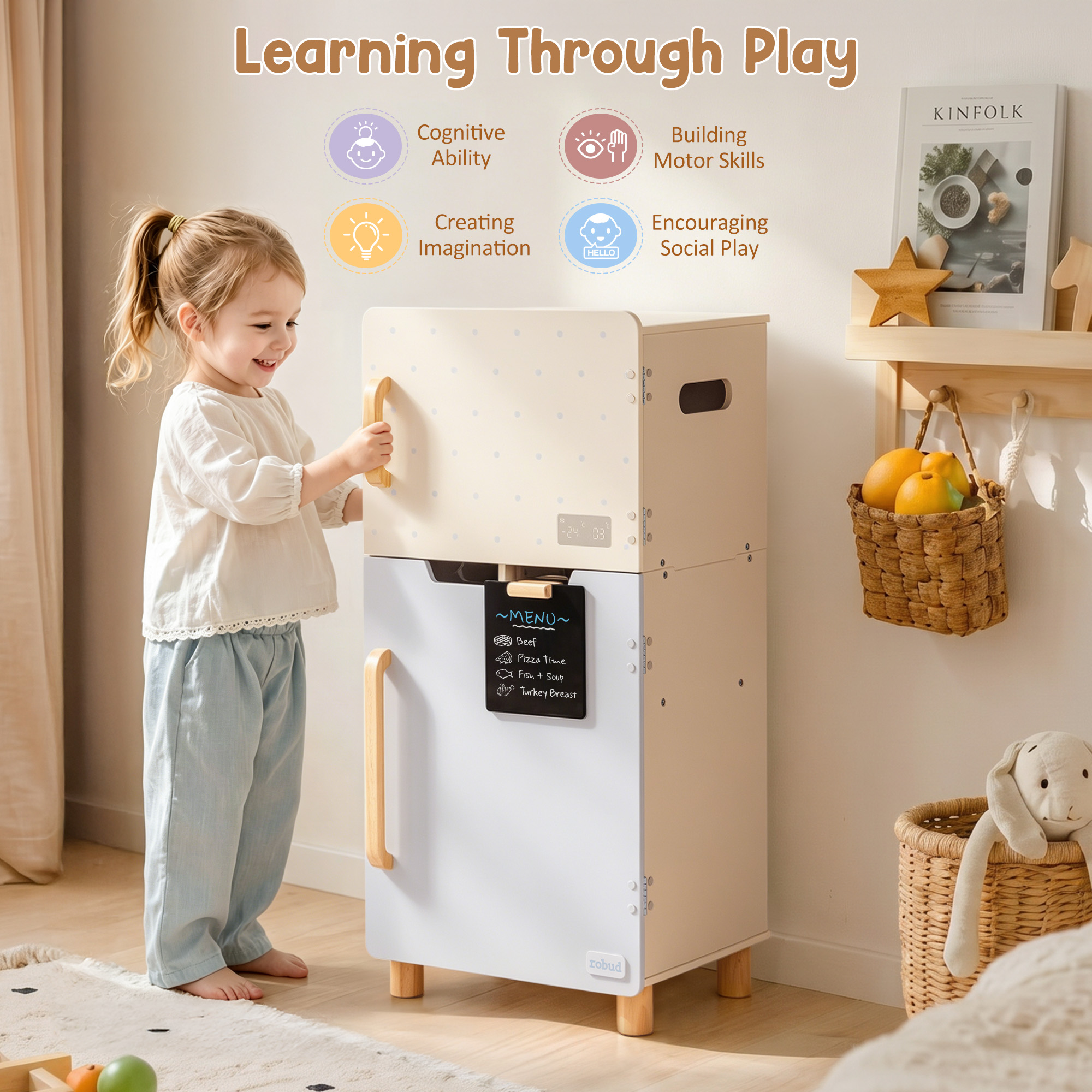 ROBUD Wooden Toy Fridge Playset