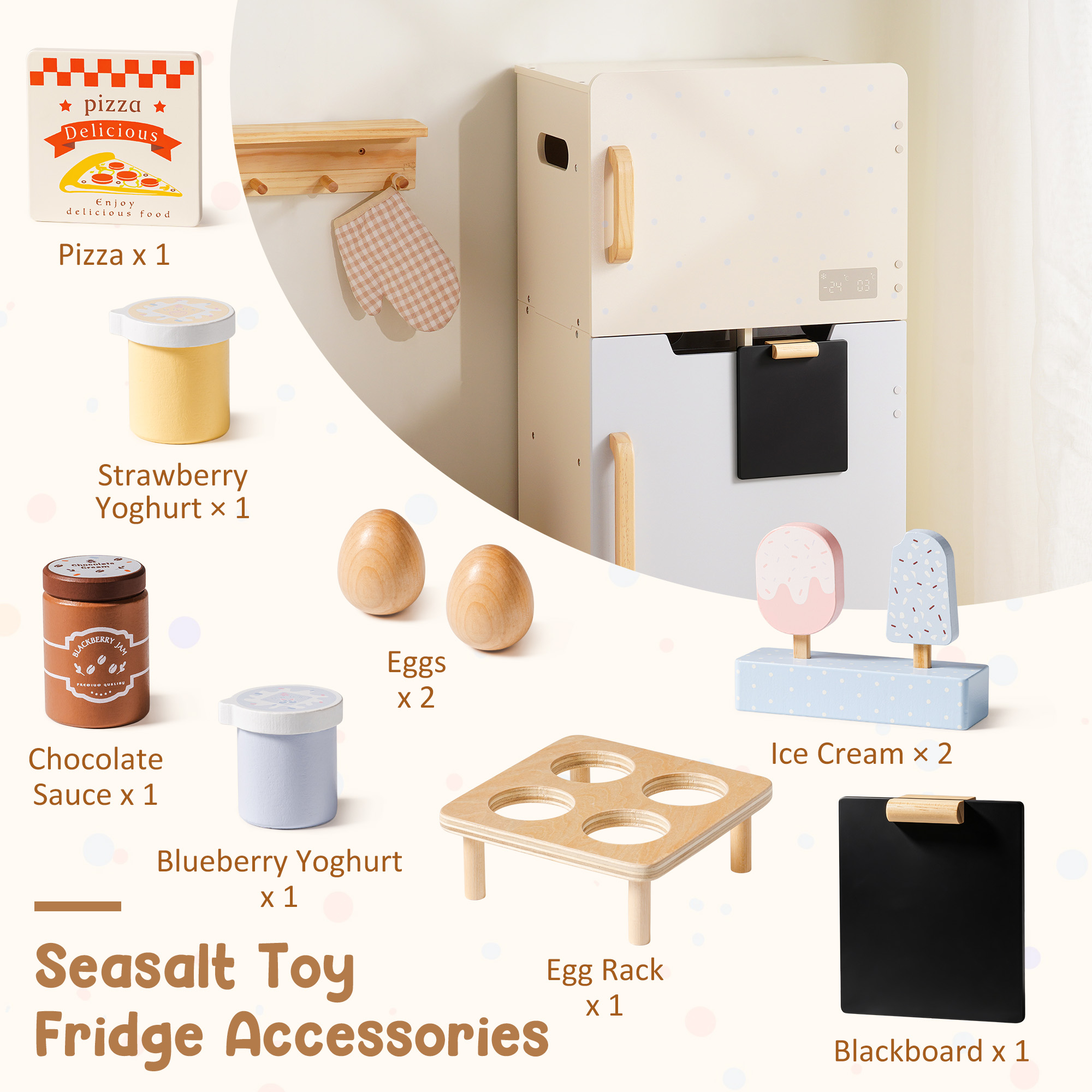 ROBUD Wooden Toy Fridge Playset