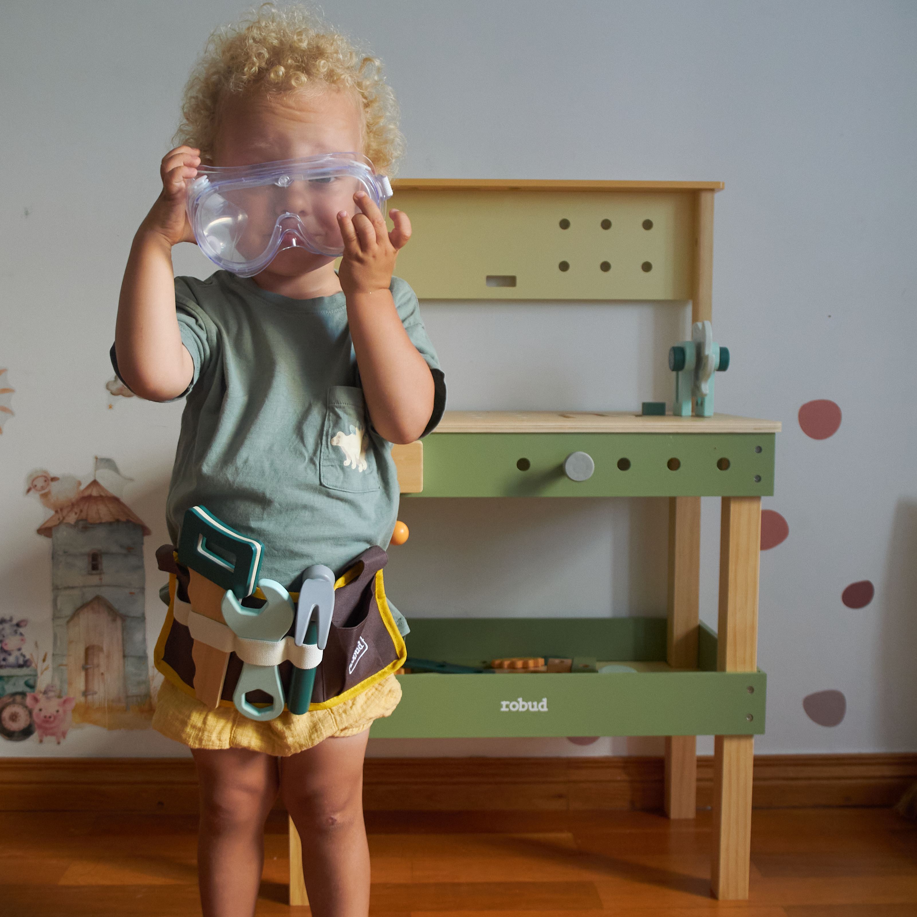 ROBUD Werkzeugbank für Kinder aus Holz, Avocadogrün