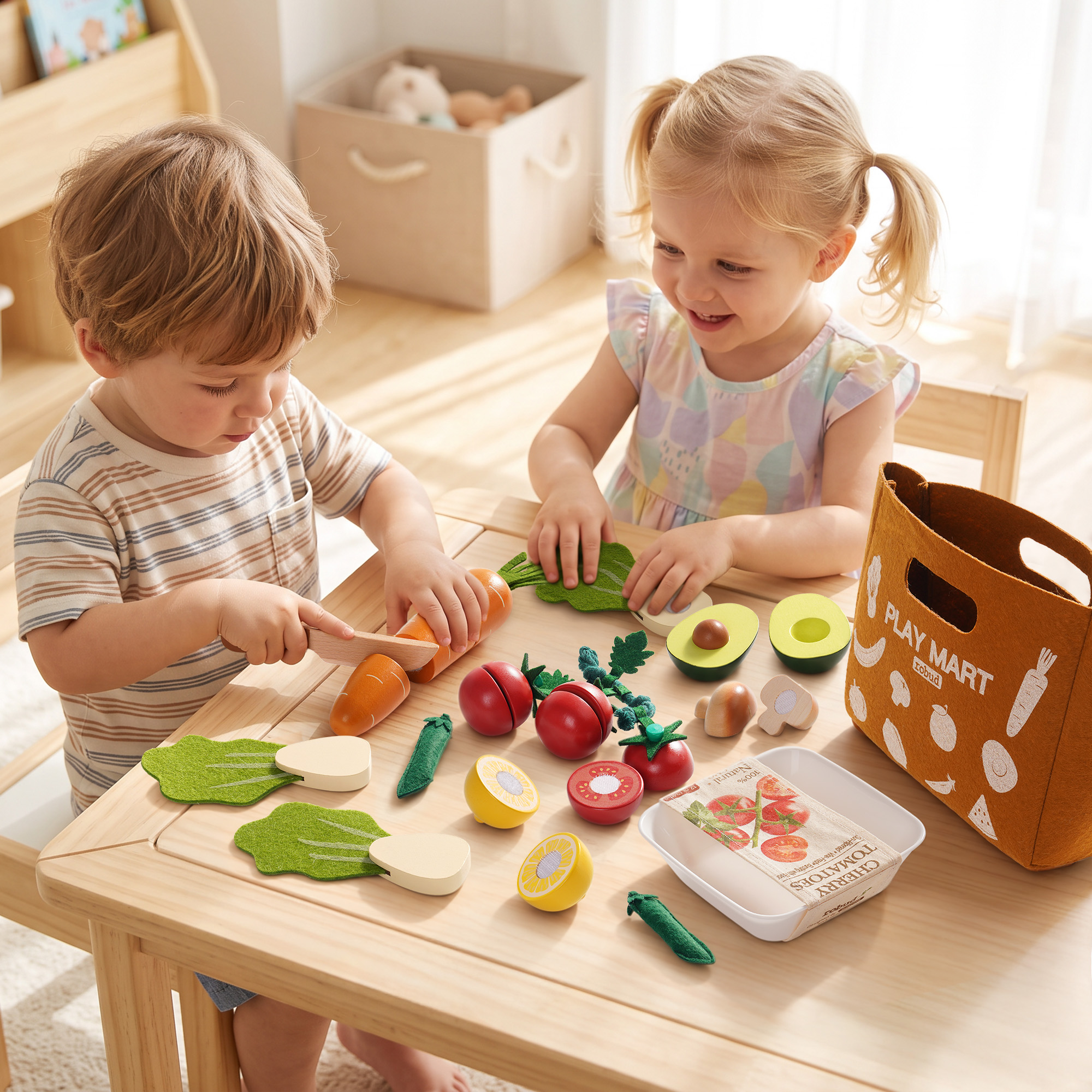 ROBUD Spiellebensmittel-Set aus Holz zum Gemüseschneiden mit Play Mart Tragetasche – Image 4