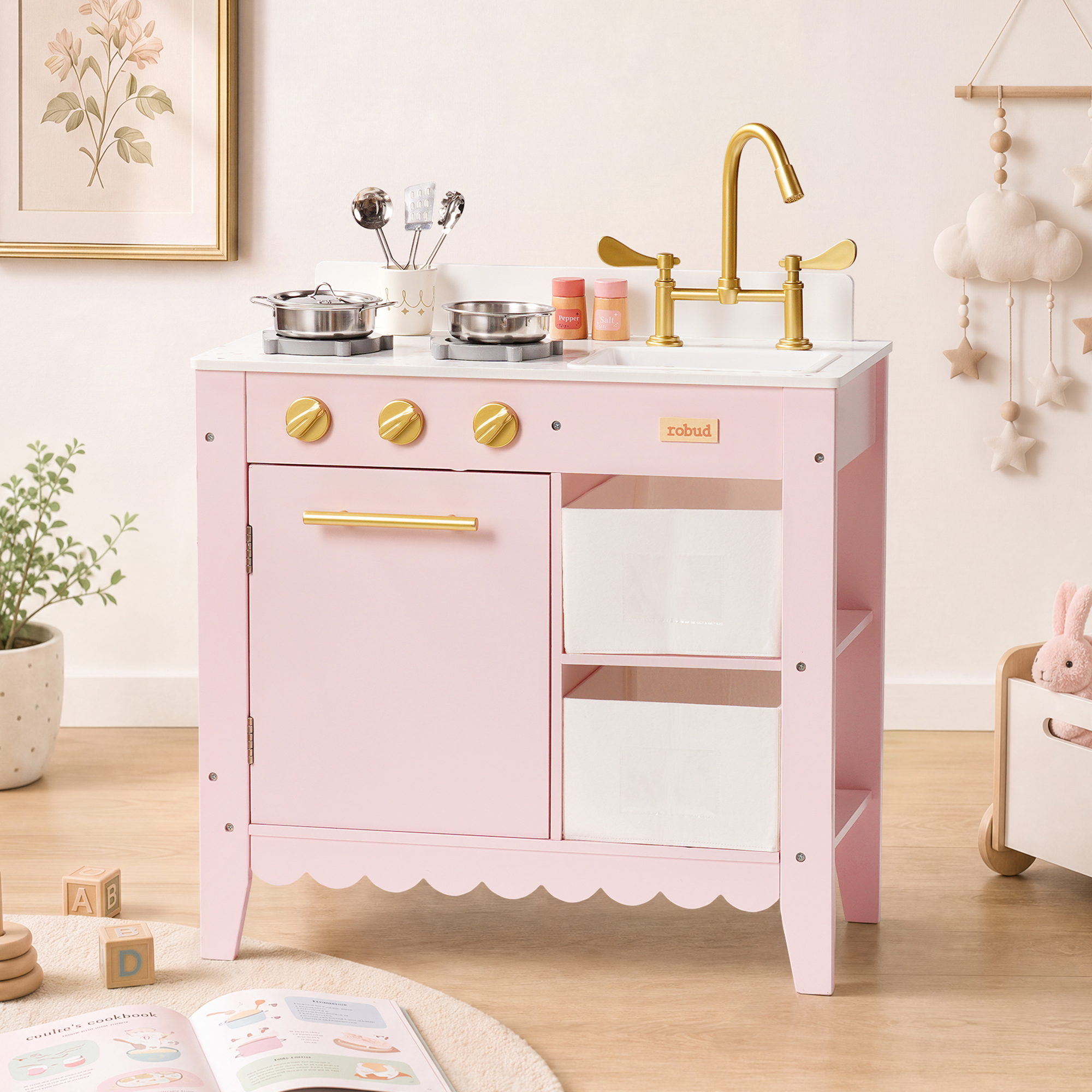 ROBUD Holzspielküche für Kleinkinder – Rosa – Image 1