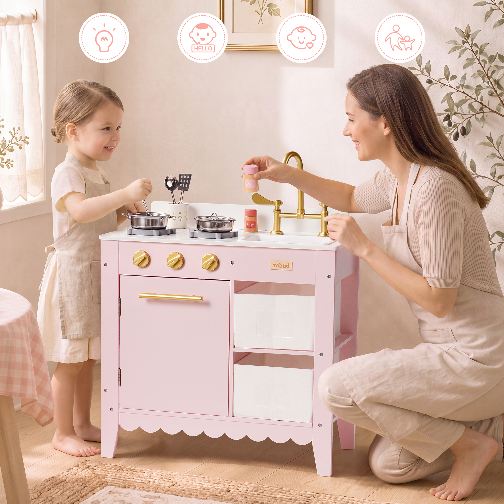ROBUD Holzspielküche für Kleinkinder – Rosa – Image 5