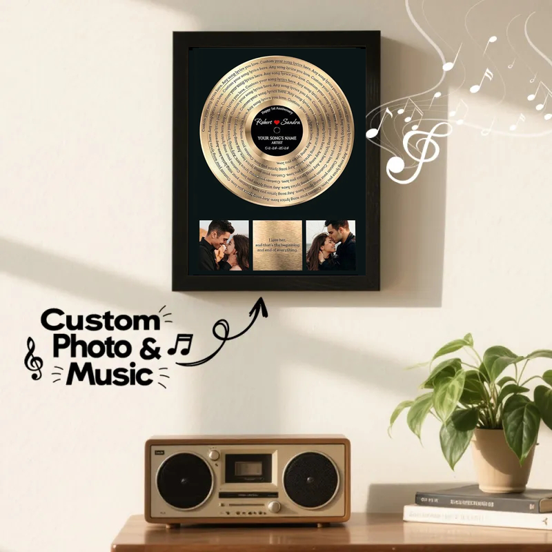 Gepersonaliseerde Muziekdecoratie In Gouden Plaatstijl, Gepersonaliseerde Muziekplaat Met Foto En Naam, Gepersonaliseerde Muziekplaat Met Foto, Gepersonaliseerde Muziekplaat, Klik Om Af Te Spelen, Geen Telefoon Nodig Voor Dierbaren - CustWitNL