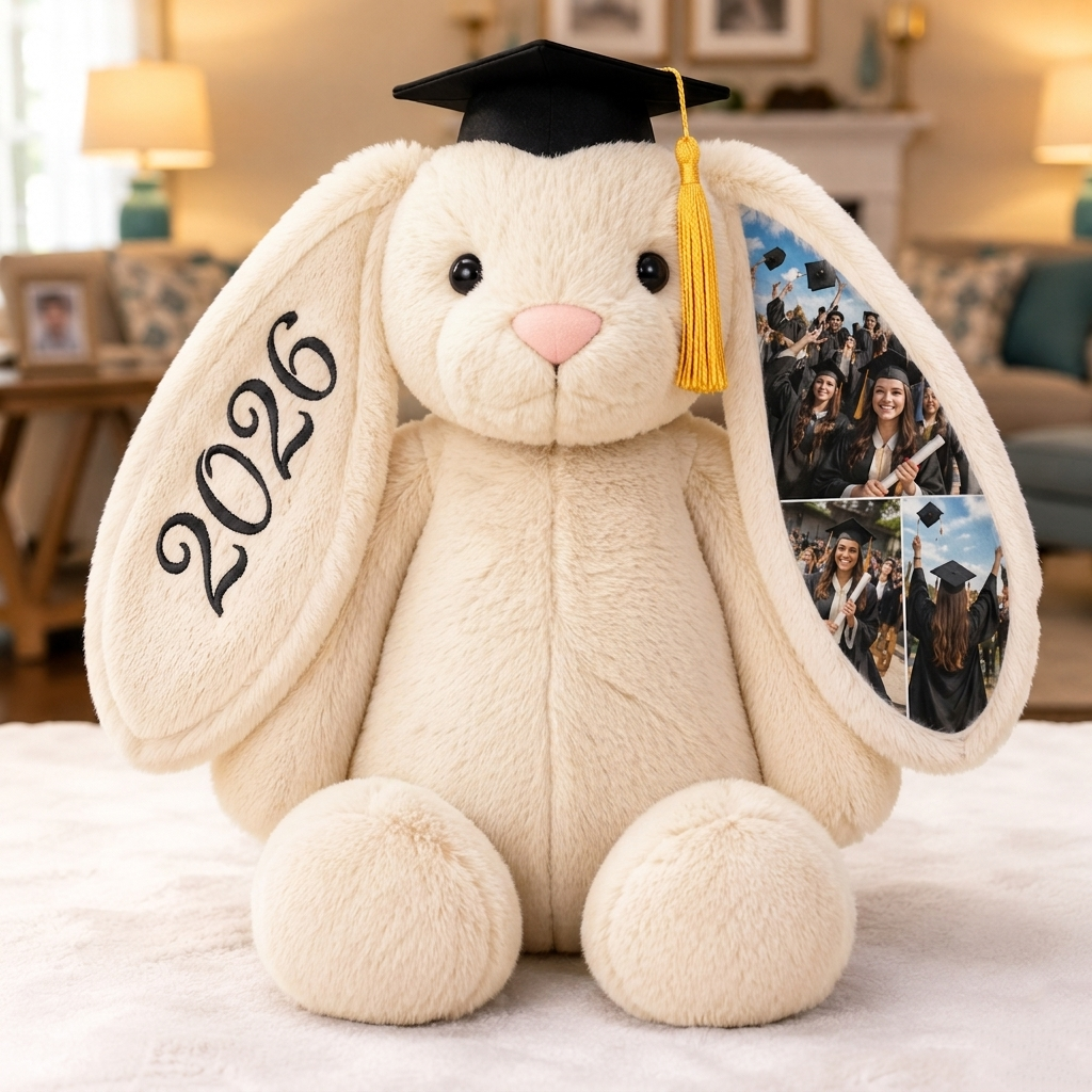 Aangepaste Foto Bunny Pluche, Gepersonaliseerde Verborgen Oorgeheugen Bunny Met Afstudeerpet, Klasse Van 2026 Cadeau - CustWitNL