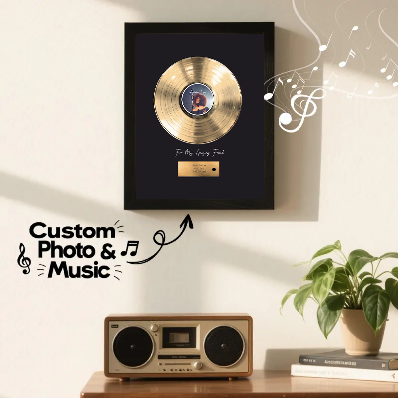 Gepersonaliseerde Muziekdecoratie In Gouden Plaatstijl, Gepersonaliseerde Muziekplaat Met Foto En Naam, Gepersonaliseerde Muziekplaat Met Foto, Gepersonaliseerde Muziekplaat, Klik Om Af Te Spelen, Geen Telefoon Nodig Voor Dierbaren - CustWitNL