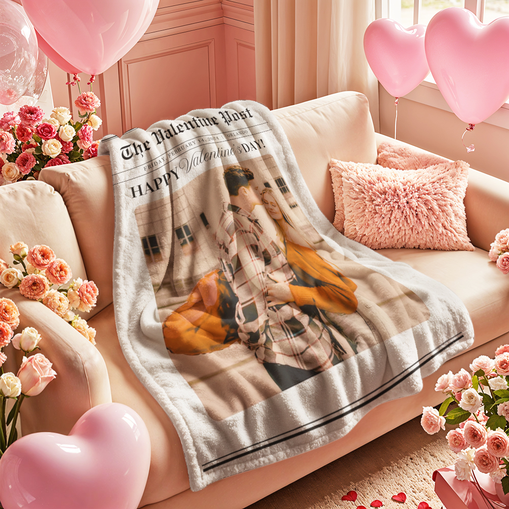Gepersonaliseerde Foto- En Tekstdeken Met Krantenmotief Voor Koppels, Valentijnsdagdeken - CustWitNL