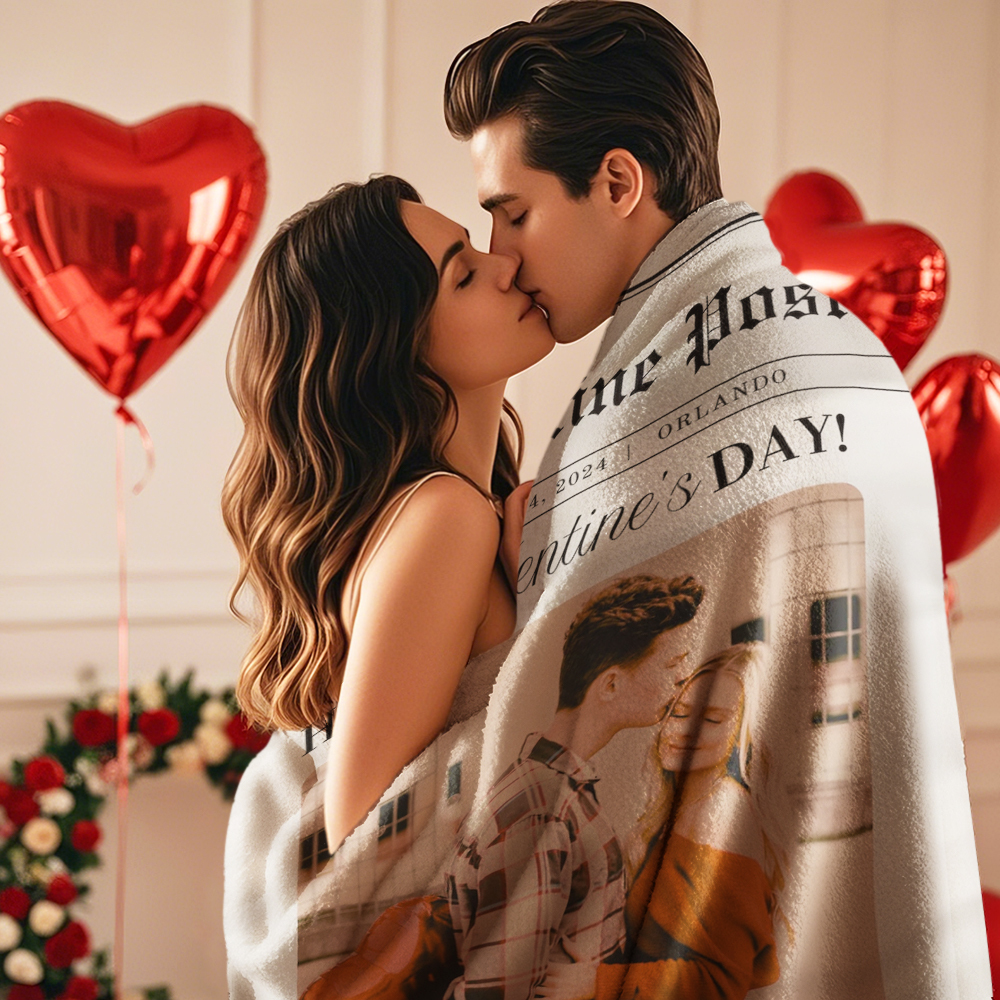 Gepersonaliseerde Foto- En Tekstdeken Met Krantenmotief Voor Koppels, Valentijnsdagdeken - CustWitNL
