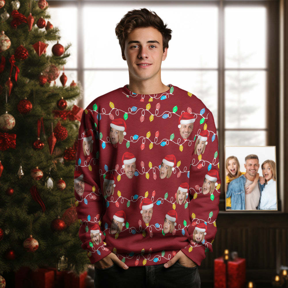 Custom Face Men's Round Neck Sweater Photo Christmas Family Xmas Leds Sweaters - CustWitAU