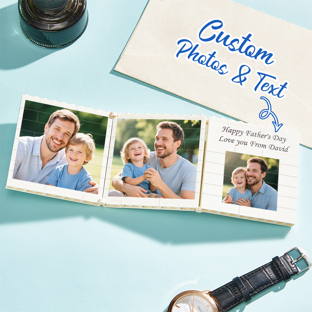 Personalized Fold-Out Daddy & Me Brick Photo Block Gift Mini Photo Album Keepsake Gift for Dad, Puzzle, Him, Dad, Fathers Day, Grandad - CustWit
