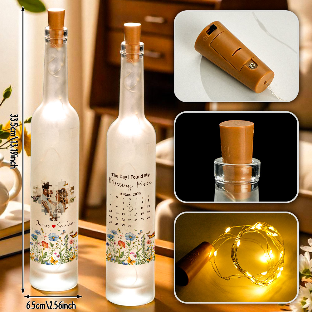 De Dag Dat Ik Mijn Ontbrekende Stukje Vond – Gepersonaliseerd Nachtlampje In De Vorm Van Een Fles Voor Koppels Met Foto, Namen En Datum