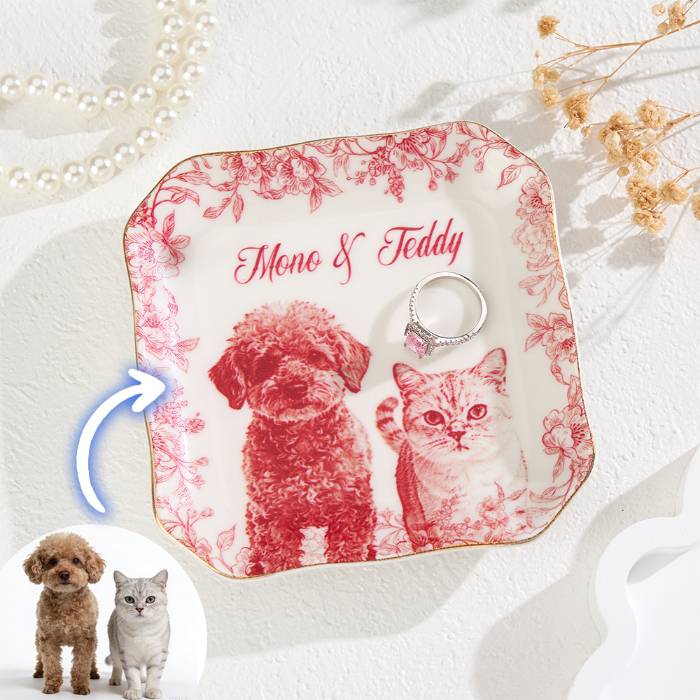 Sieradenschaaltje Met Gepersonaliseerd Huisdierportret – Keramisch Sieradenschaaltje Met Toile De Jouy-motief, Een Persoonlijk Cadeau Voor Dierenliefhebbers