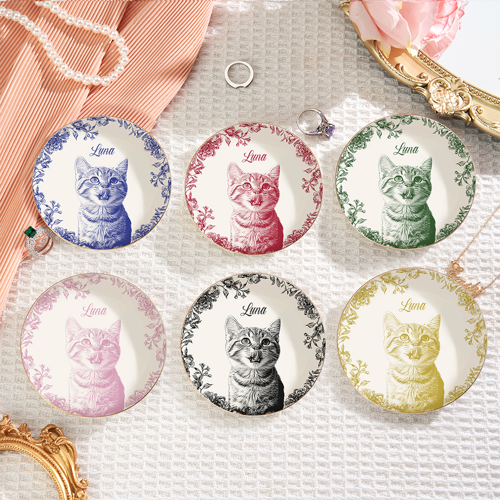 Sieradenschaaltje Met Gepersonaliseerd Huisdierportret – Keramisch Sieradenschaaltje Met Toile De Jouy-motief, Een Persoonlijk Cadeau Voor Dierenliefhebbers