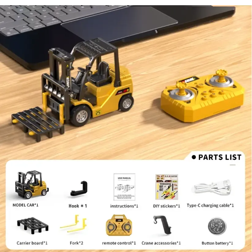 1:64 Bluetooth Desktop Mini Alloy RC Construction Model Toy Set - Forklift, Crane (with Pallet), Dump Truck, and Excavator