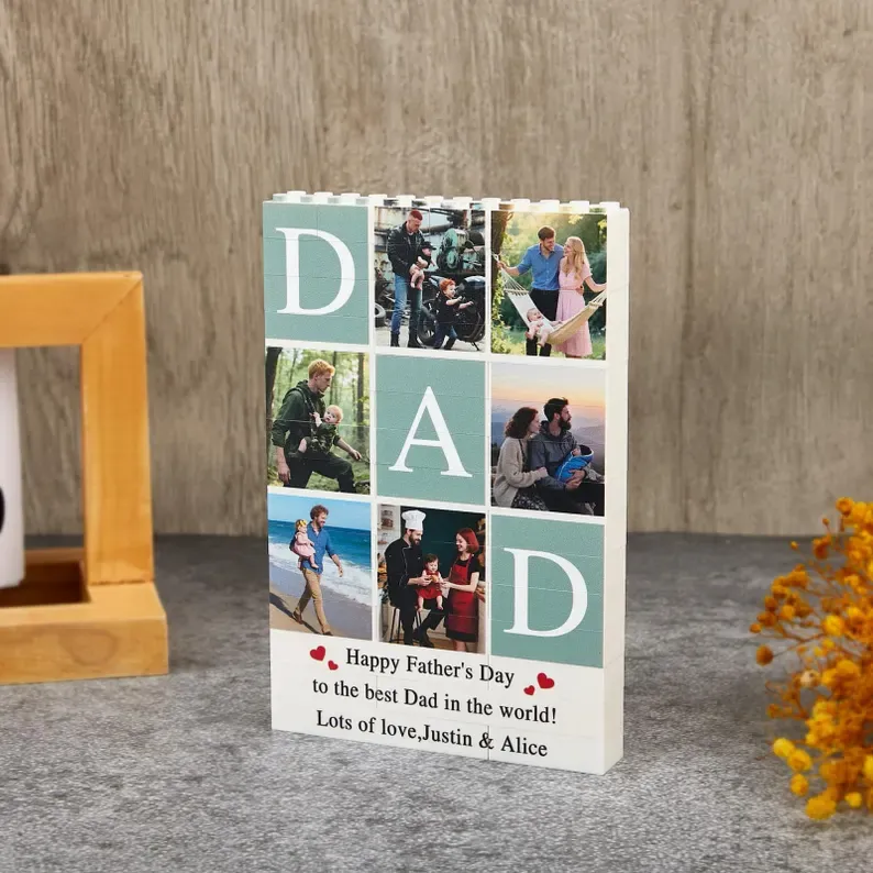 Verticale "DAD" Initialen Fotosteenpuzzel – Gepersonaliseerde Bouwsteen Met Meerdere Foto's Voor Bureaubladdecoratie