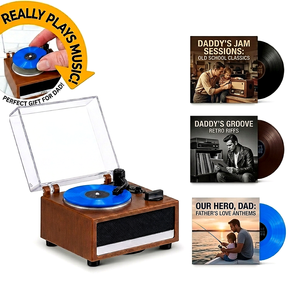 Gepersonaliseerde mini-vinylmuziekspeler die echt draait en muziek speelt | Elk vinyl kan een ander nummer afspelen, een aangepaste fotoalbumhoes, een doe-het-zelf vinylkleurcadeau voor papa op Vaderdag - CustWitNL