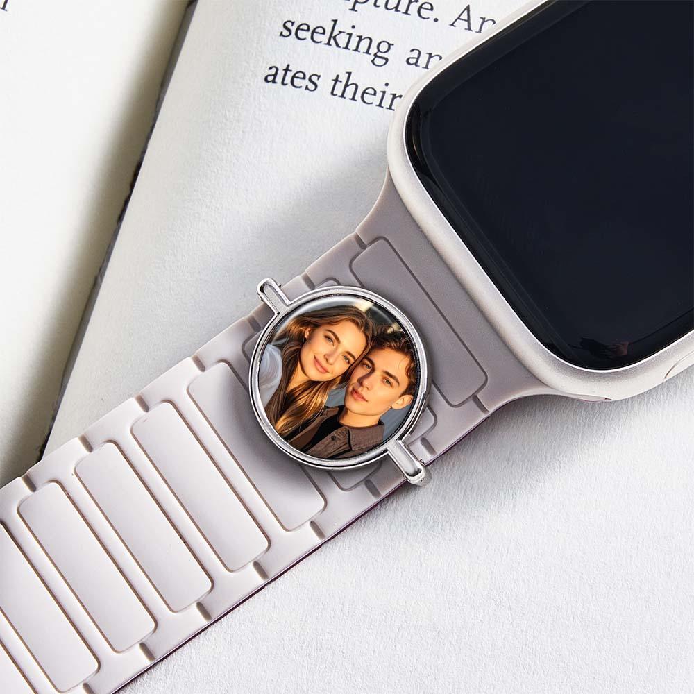Custom Round Photo Engraved Watch Strap Charm - Personalized Smartwatch Beaded Accessory