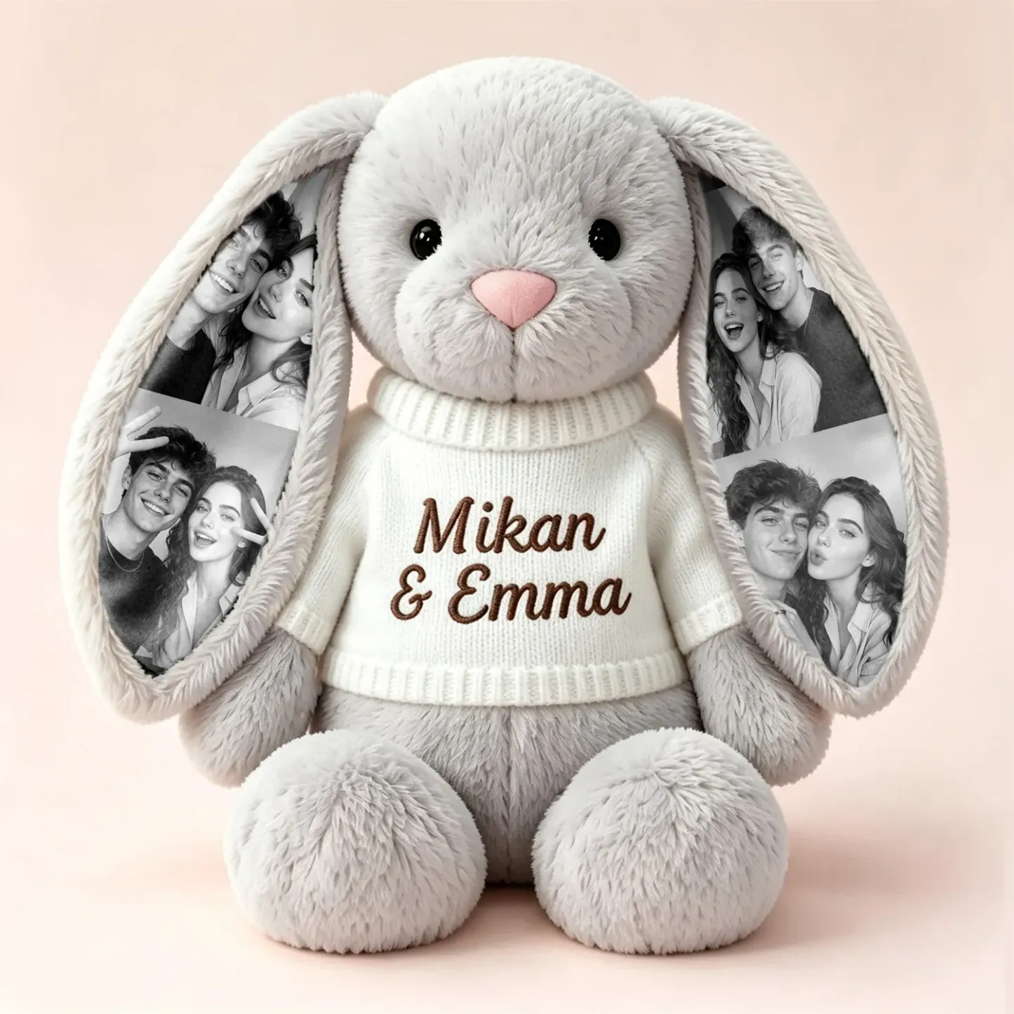 Custom Photo Bunny Plush with Personalized Name Embroidery & Hidden Ear Picture – Cute Bunny Gift for Couples, Anniversary Gifts - CustWitUK
