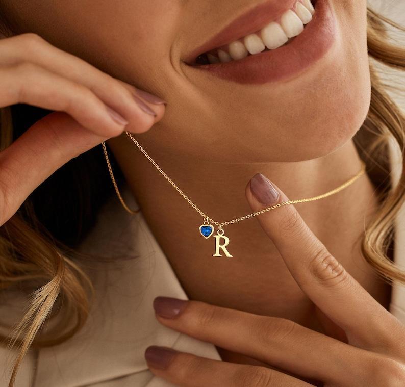 Custom Letter Heart-Shaped Birthstone Necklace Anniversary Birthday Christmas Gift for Her