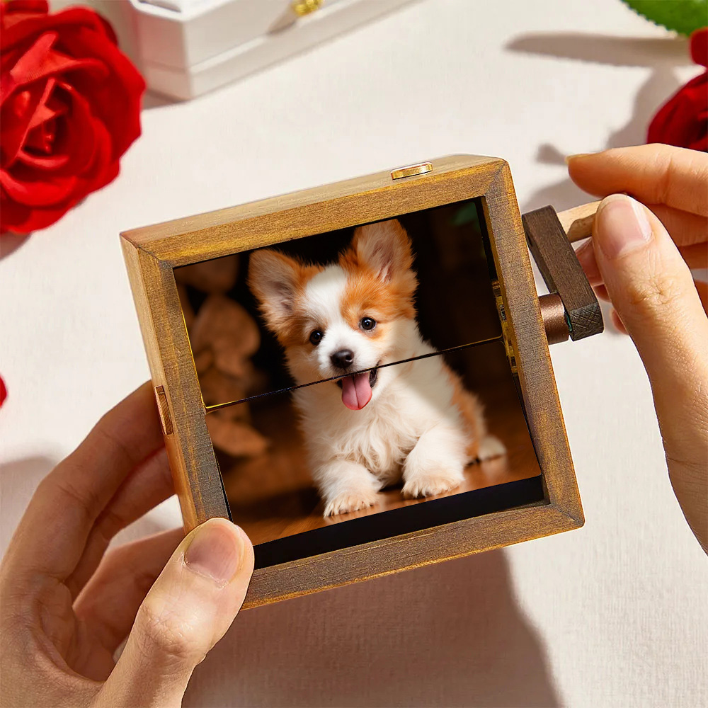 Custom Flip Book Dog Frame Animation Machine Mechanical Hand-cranked Photo Album with Light Black Walnut Baby Photo Cube Frame Creative Gift