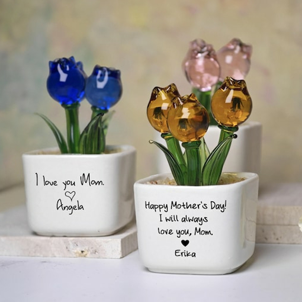 Custom Tulip Glass Flower Pot With Text, Gift for Mum, Mom, Mother, Happy Mother's Day