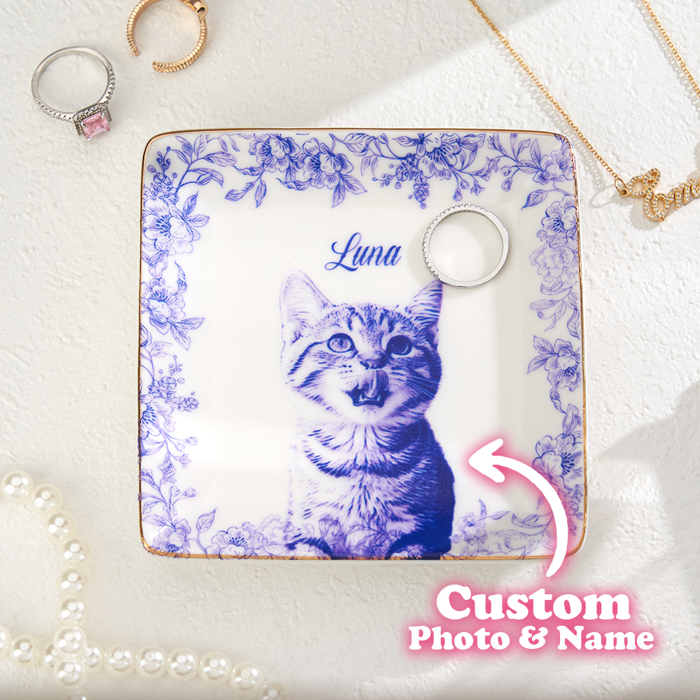 Custom Pet Portrait Jewelry Dish – Toile De Jouy Ceramic Trinket Dish, Personalized Gift for Pet Lovers