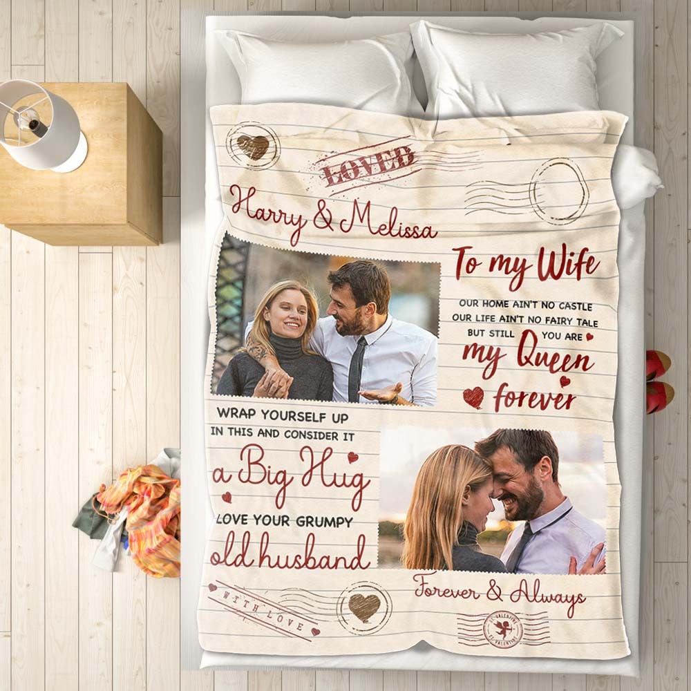 To My Wife Custom Photo and Name Blanket Valentine's Day Gift - CustWitUK