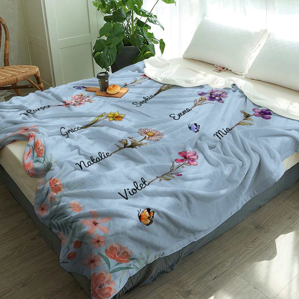 Personalized Grandma Mommy Garden Blanket Custom Birth Month Flower Blanket Warm Gift For Mom - CustWitUK