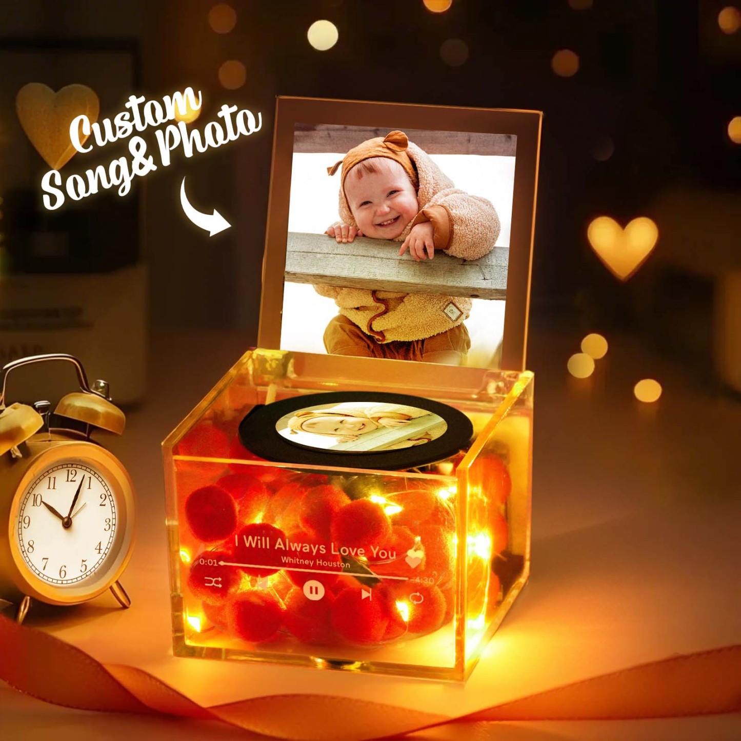 Mother's Day Gifts for Mum Custom Photo Acrylic Music Player Personalized Auto-Music Player Ambient LED Lights Mini Record Style Gift
