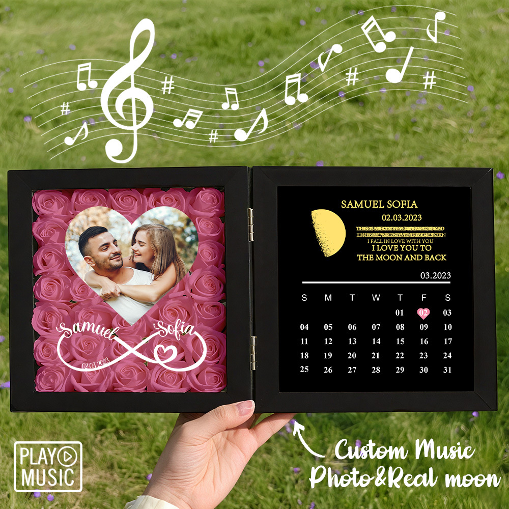 Custom Rose Flowers Frame with REAL MOON PHASE Can Play Music Anniversary Calendar Gift for Her - CustWitUK