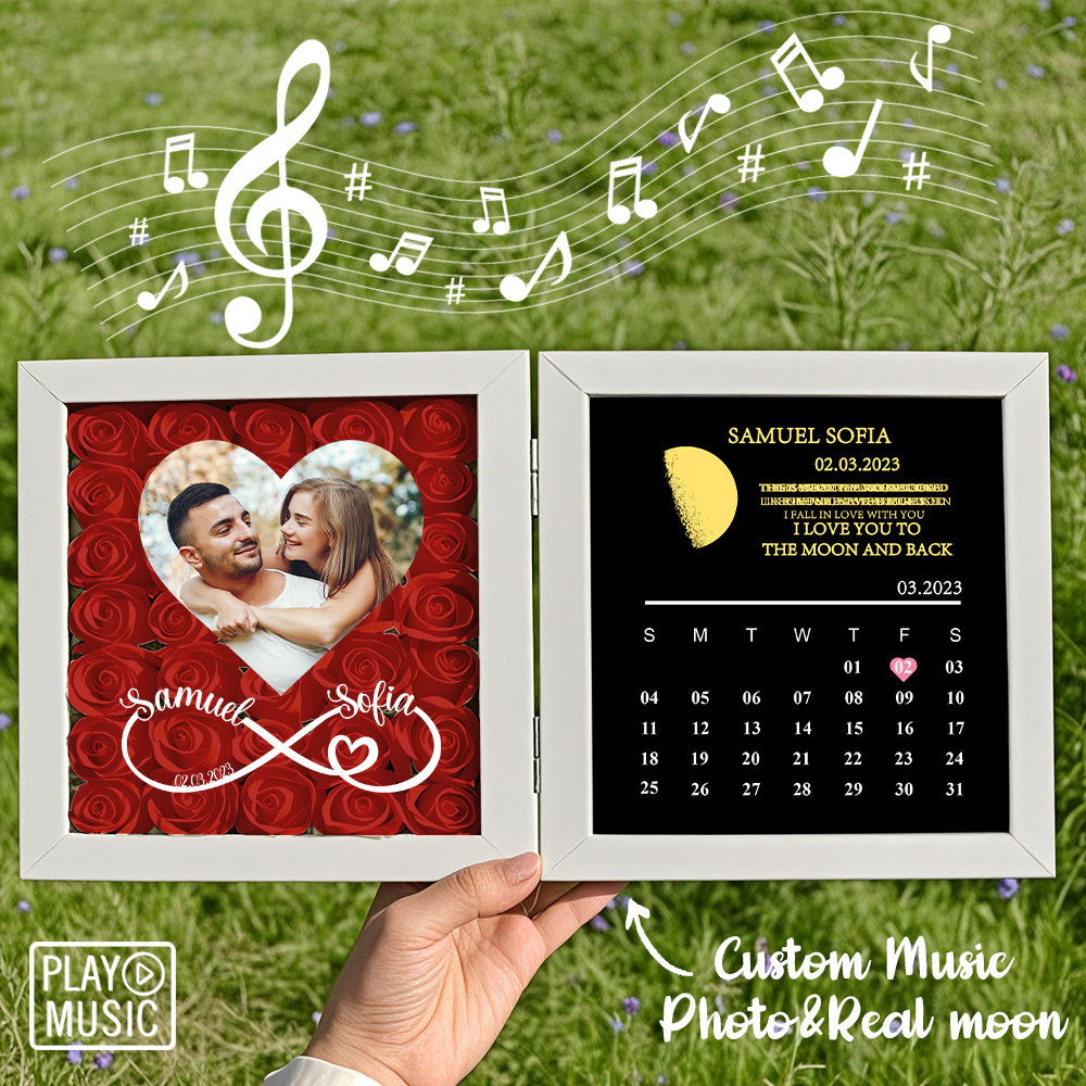 Custom Rose Flowers Frame with REAL MOON PHASE Can Play Music Anniversary Calendar Gift for Her - CustWitUK