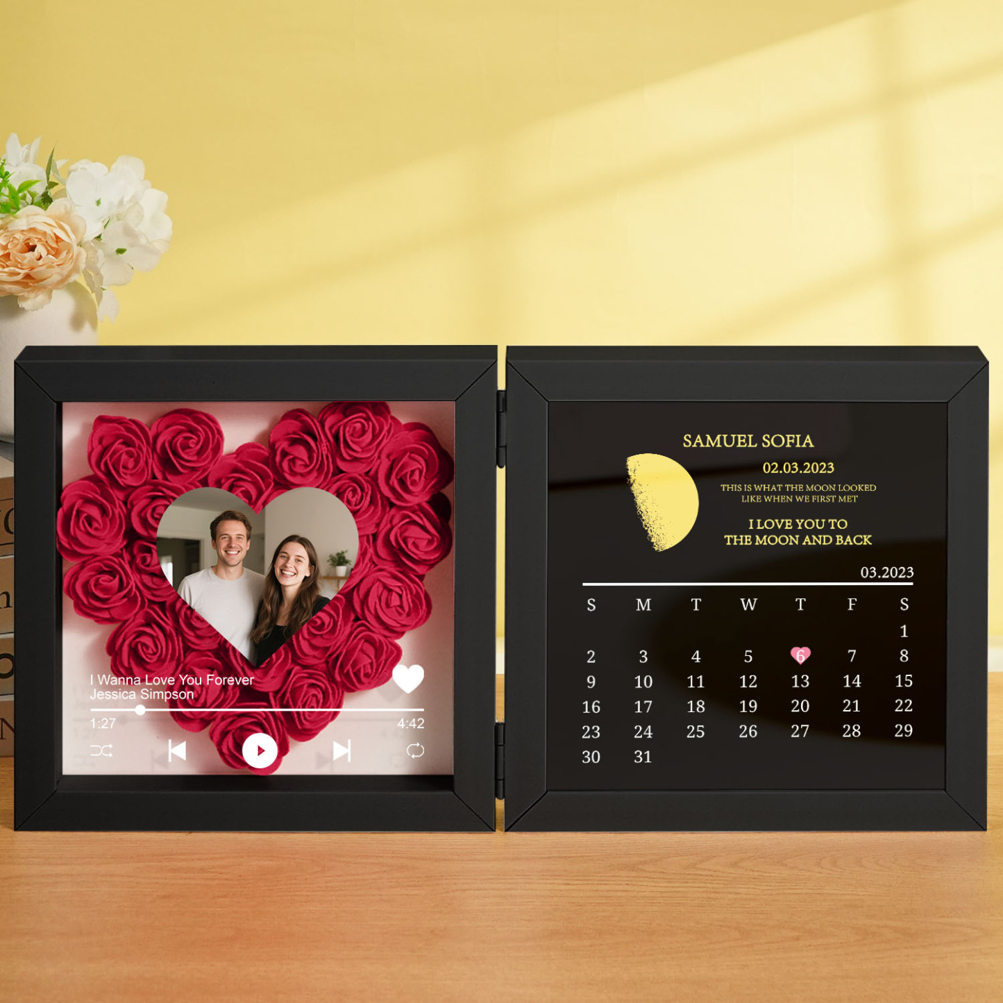 Custom Flowers Song Frame with Real Moon Phase Can Play Music Anniversary Calendar Gift for Her - CustWitUK