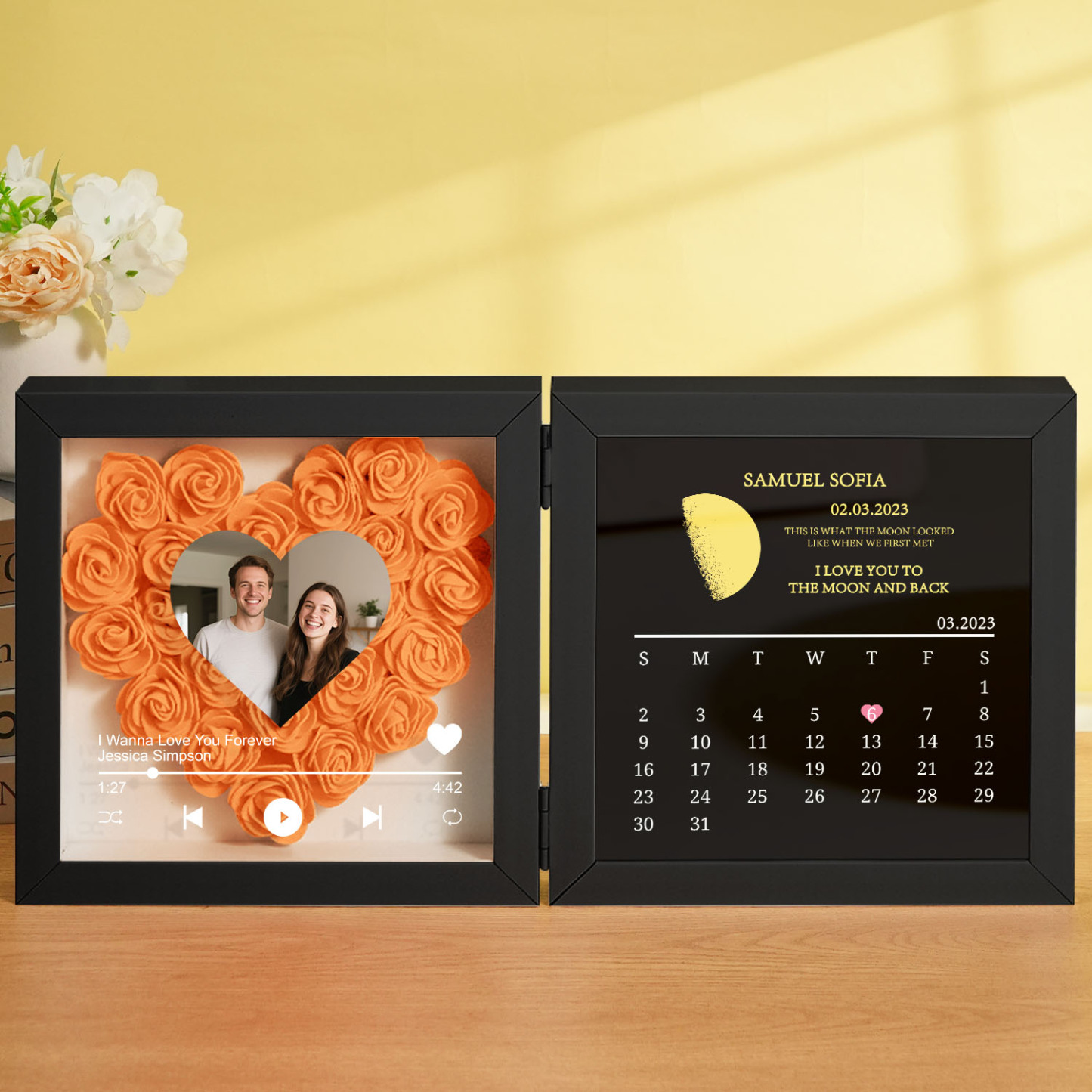 Custom Flowers Song Frame with Real Moon Phase Can Play Music Anniversary Calendar Gift for Her - CustWitUK