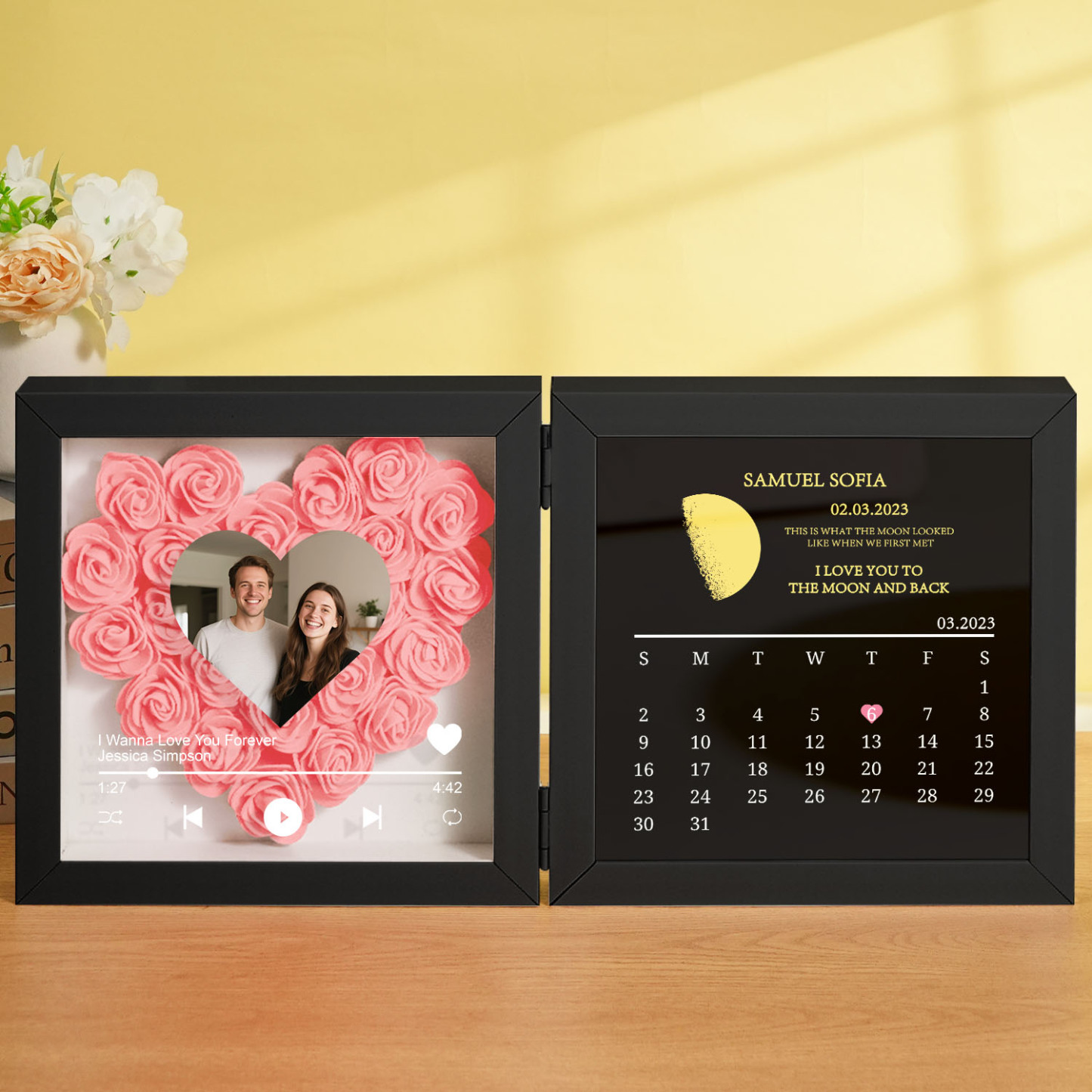 Custom Flowers Song Frame with Real Moon Phase Can Play Music Anniversary Calendar Gift for Her - CustWitUK
