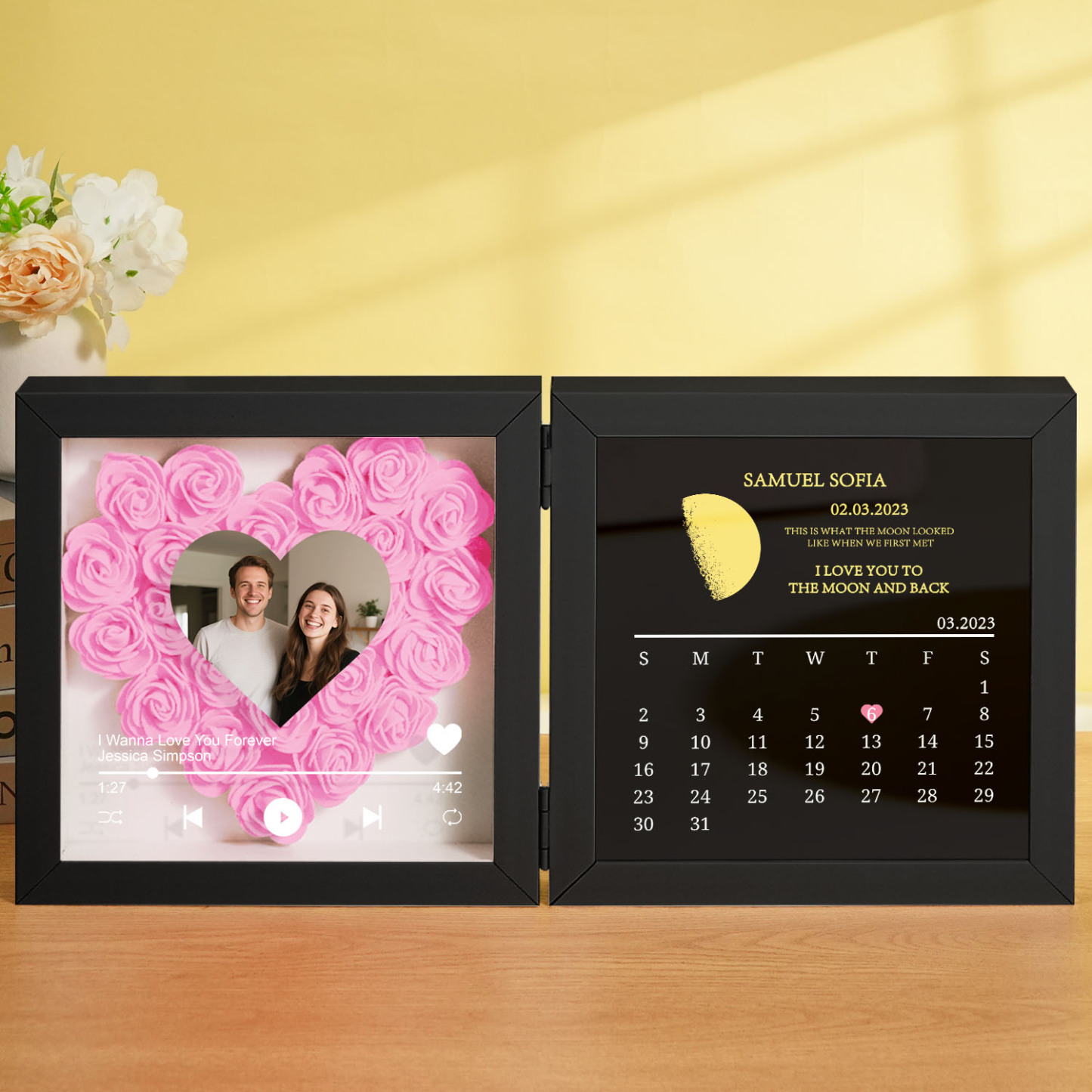 Custom Flowers Song Frame with Real Moon Phase Can Play Music Anniversary Calendar Gift for Her - CustWitUK