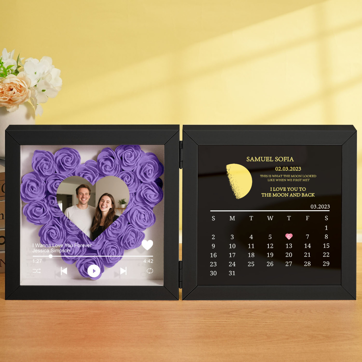 Custom Flowers Song Frame with Real Moon Phase Can Play Music Anniversary Calendar Gift for Her - CustWitUK