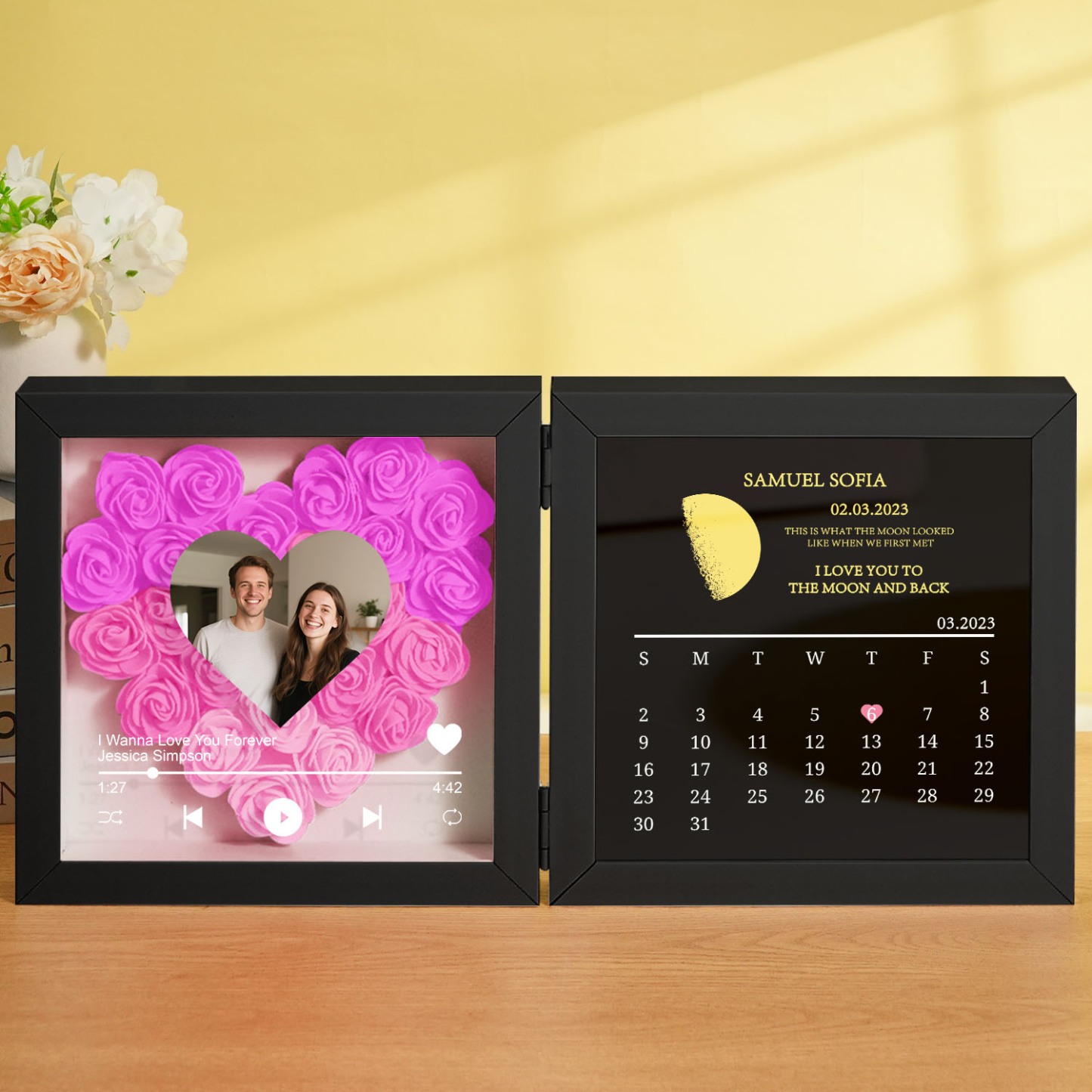 Custom Flowers Song Frame with Real Moon Phase Can Play Music Anniversary Calendar Gift for Her - CustWitUK